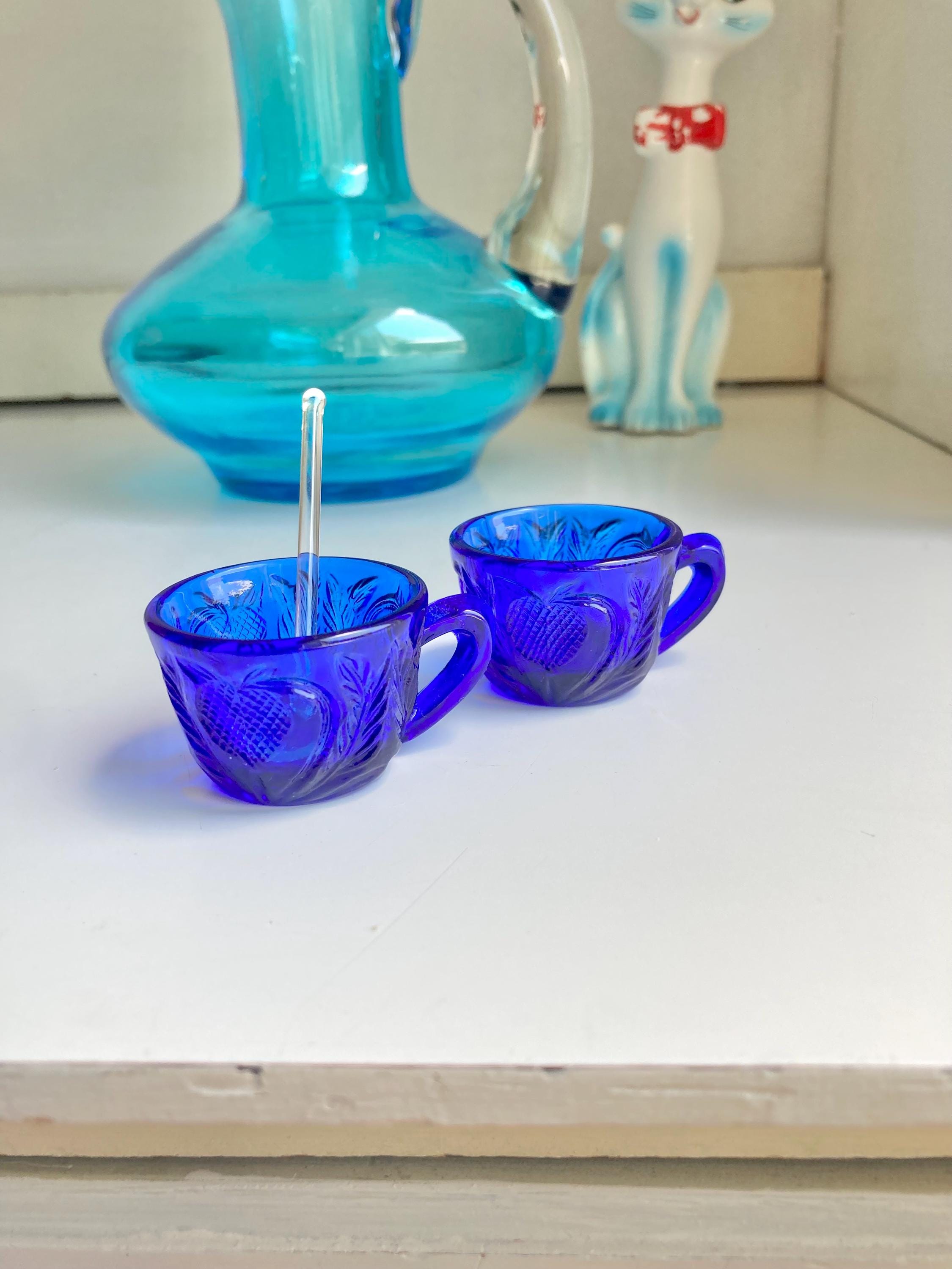 Vinage Cobalt Blue Glass Salt Cellars with fruit pattern, cup handles