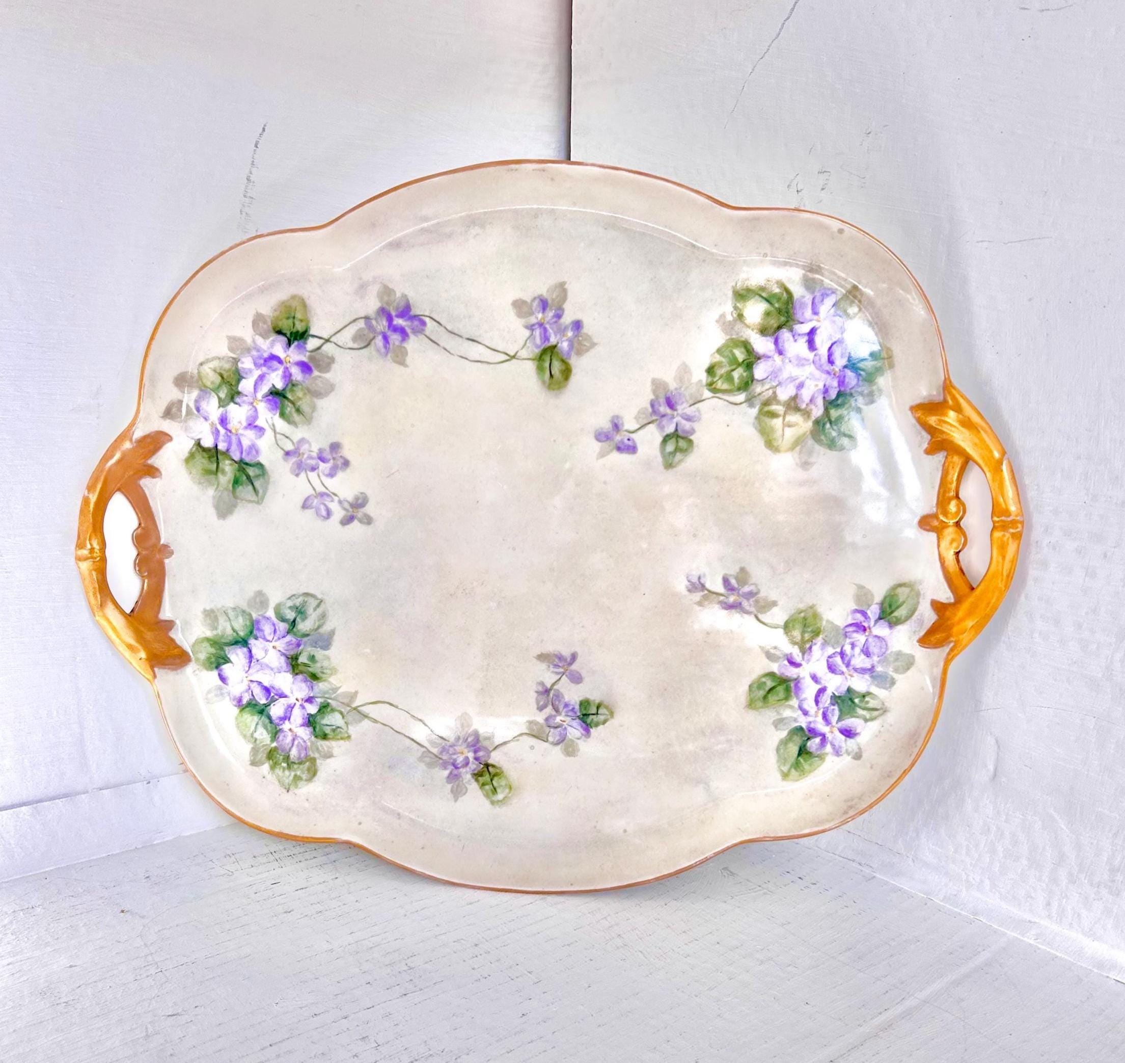 Large 18 inch William Guerin & Co Limoges Porcelain Tray with Hand-painted Violets