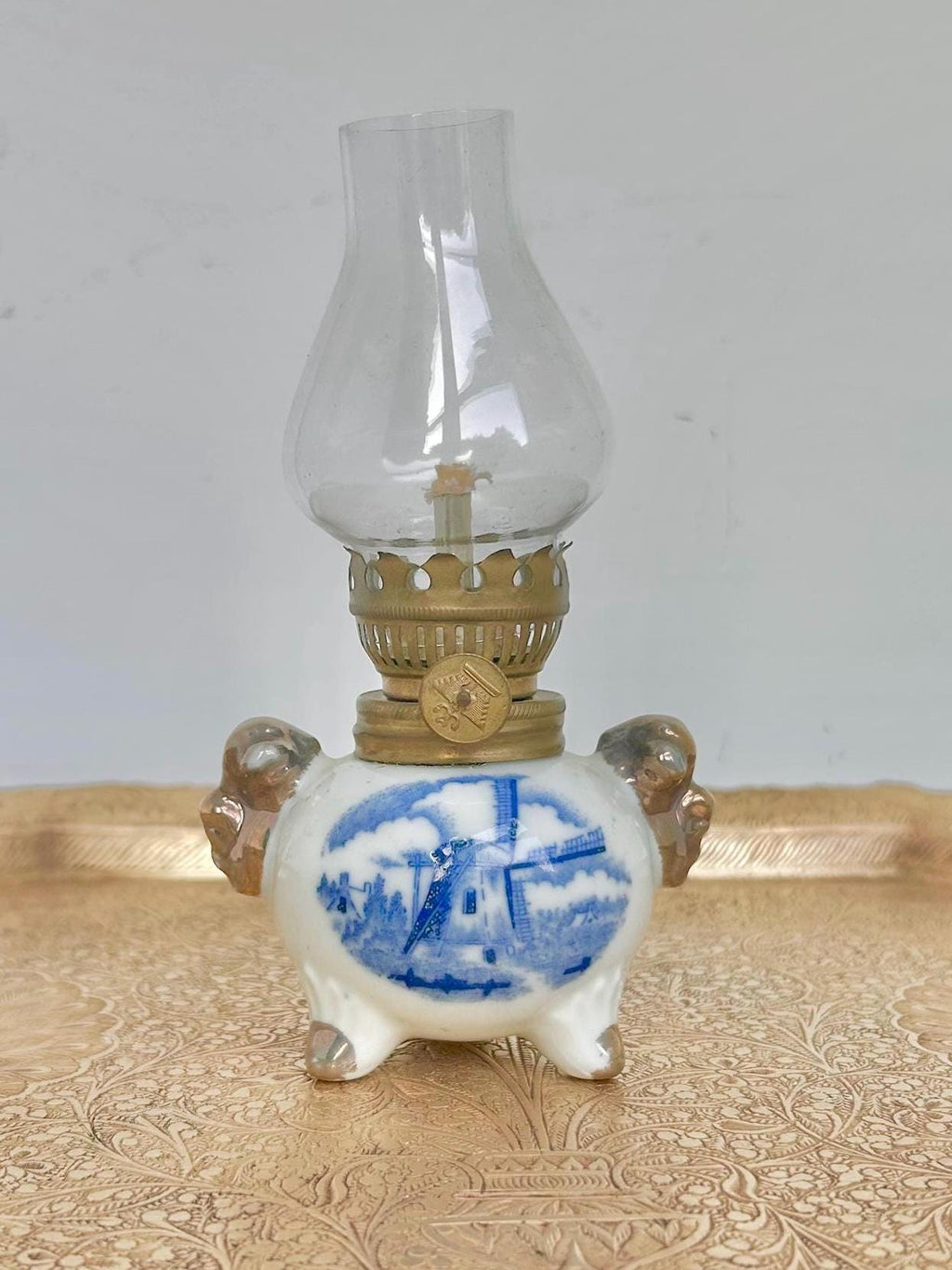 Vintage Dutch Windmill Porcelain Oil Lamp: Blue & White China, Gilt Trim