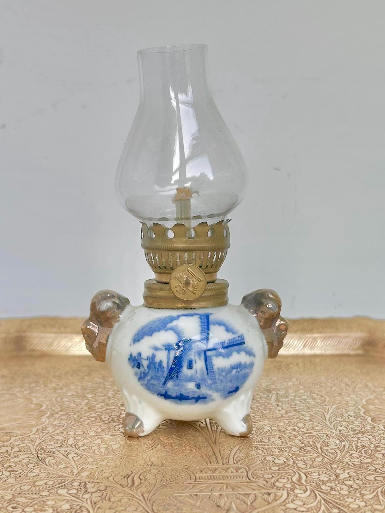 Vintage Dutch Windmill Porcelain Oil Lamp: Blue & White China, Gilt Trim