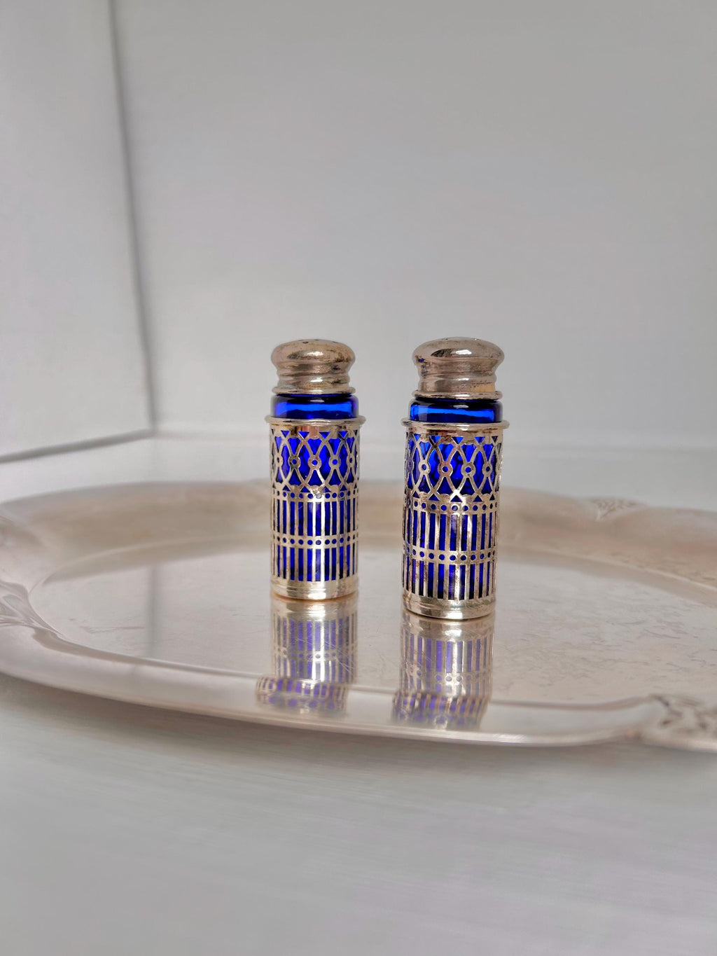 Vintage Cobalt Blue Glass Salt and Pepper Shakers - Silverplate Sleeves