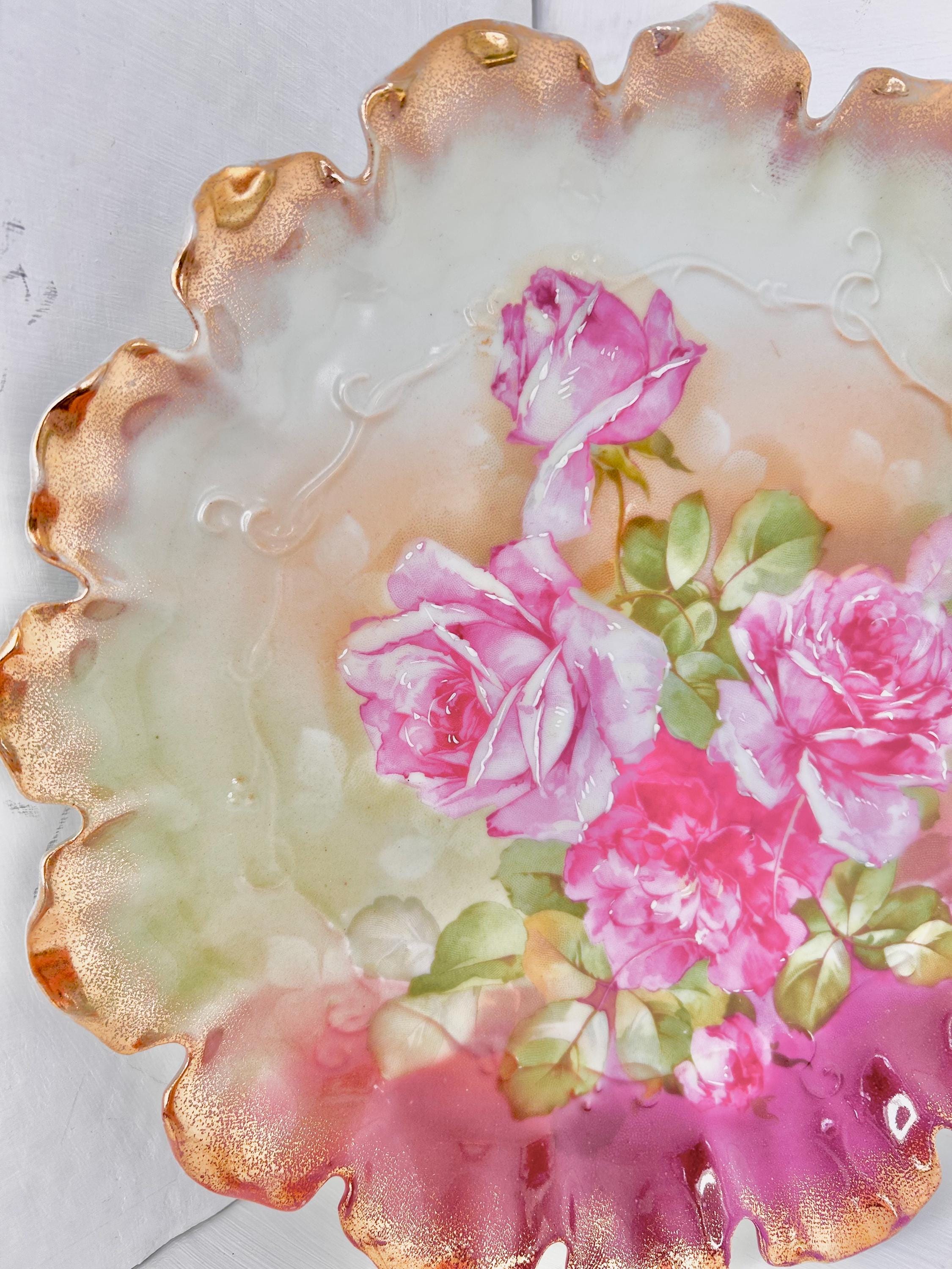 Vintage Transferware Porcelain Plate with Pink Roses