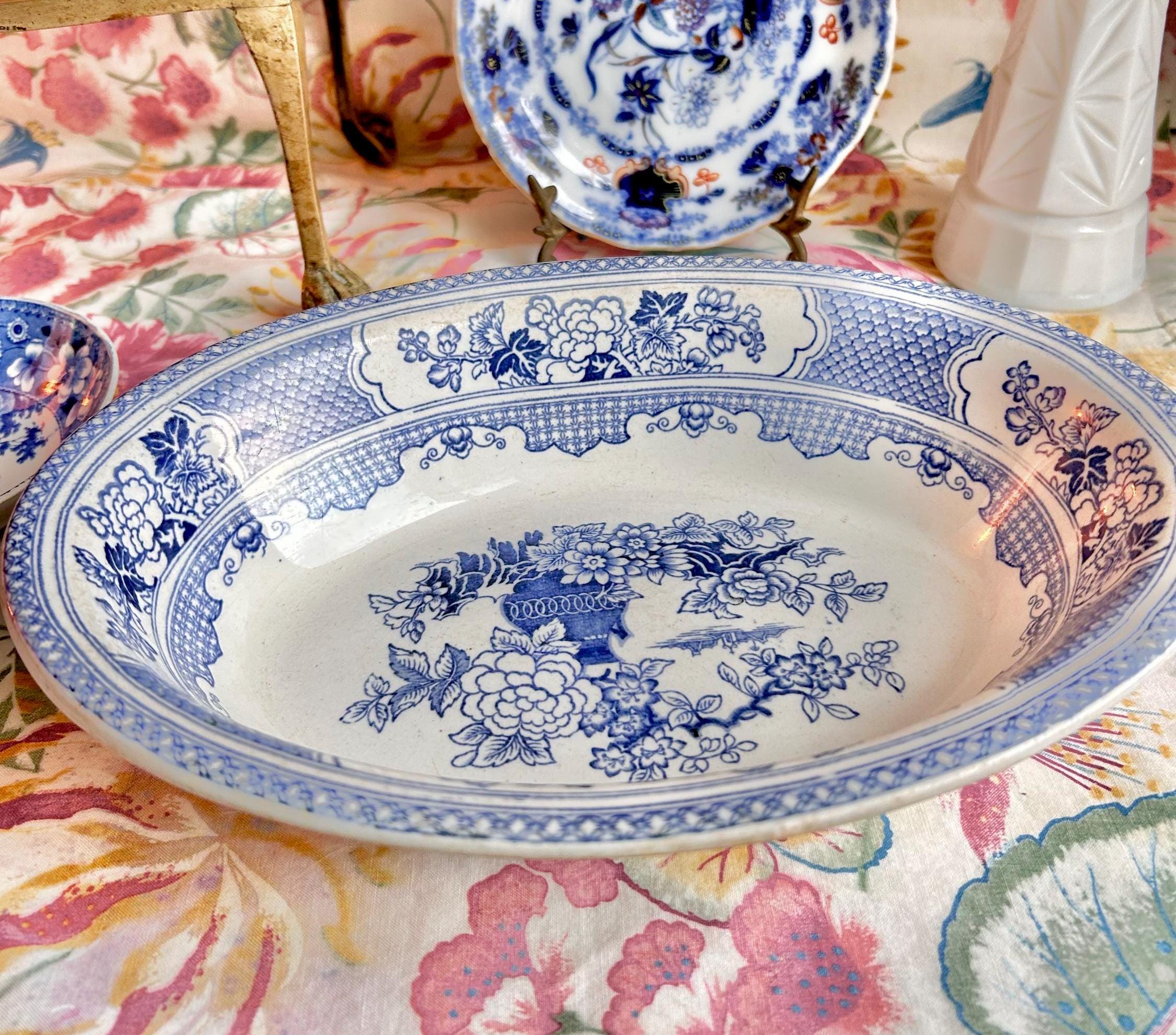 Antique Chinoiserie Serving Bowl: Blue and White Floral Transferware, Soho Pottery