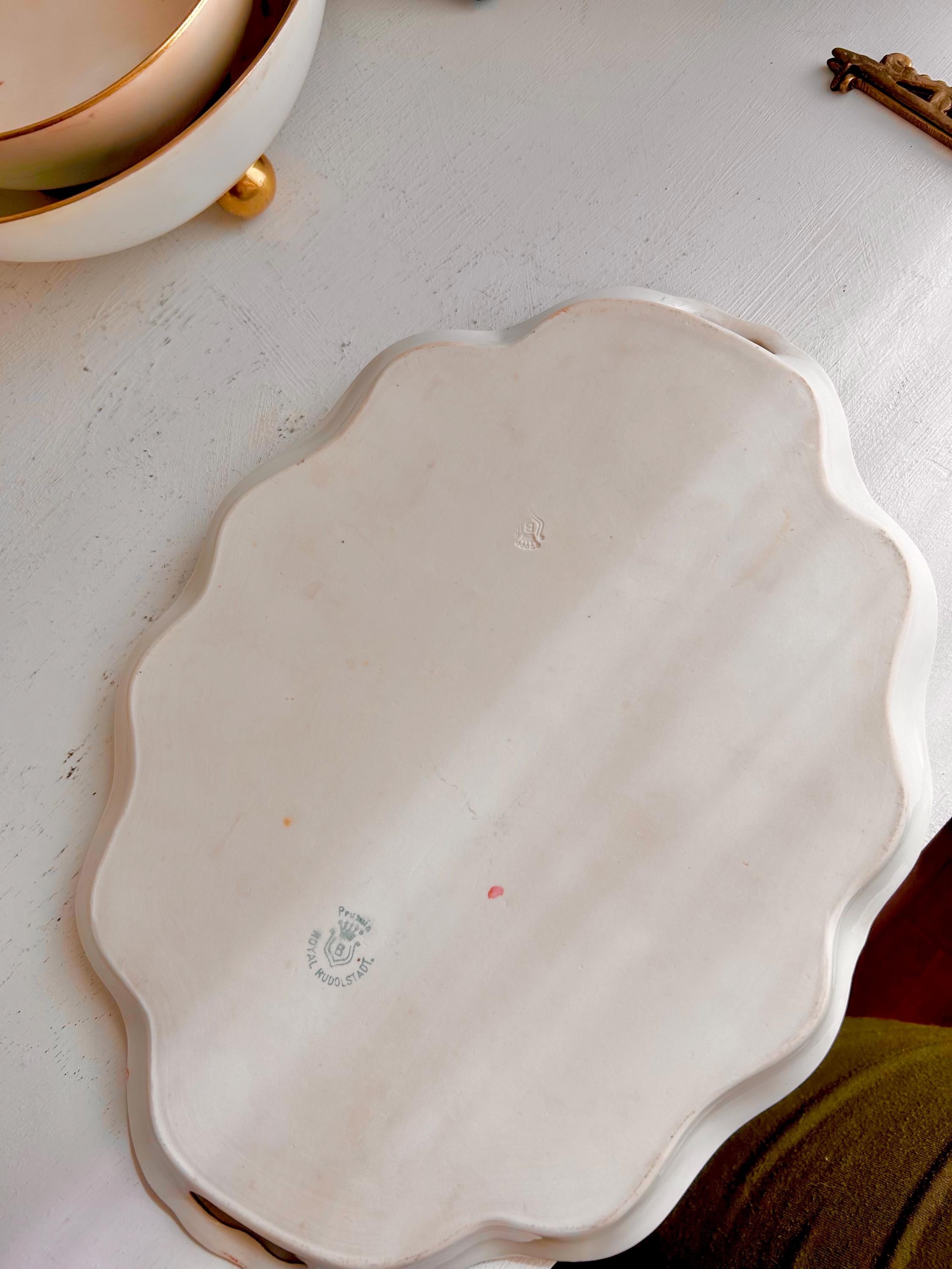 Antique Royal Rudolstadt Prussia Porcelain Tray: Hand-Painted, Gold Trim