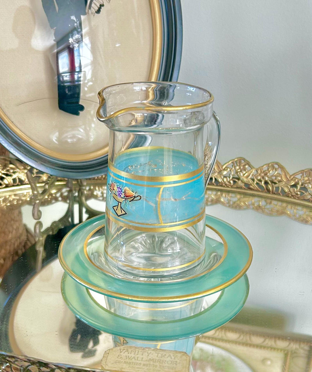 Vintage Hand-painted Small Glass Pitcher/Creamer with Under-plate, Blue and Gold Trim