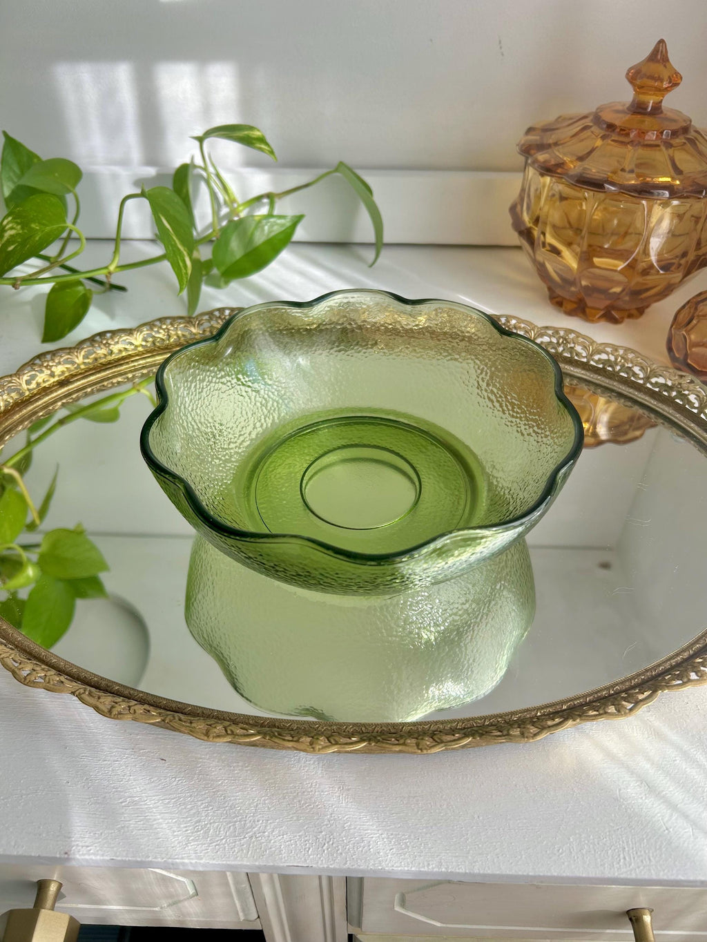 Vintage Hazel Atlas Green Glass Bowl: Pebblestone Ruffle Rim