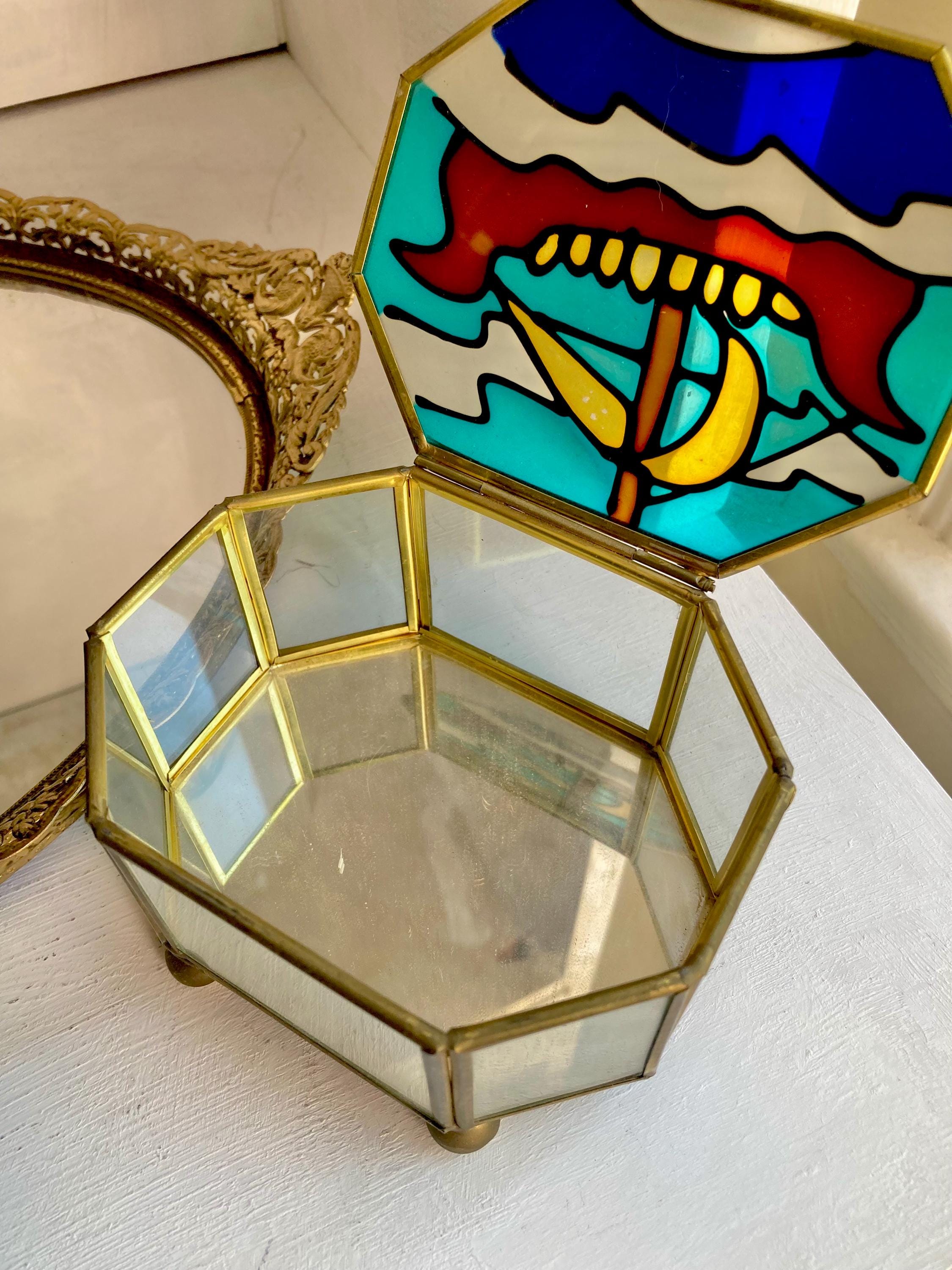 Vintage Nautical Stained Glass and Brass Jewelry Box