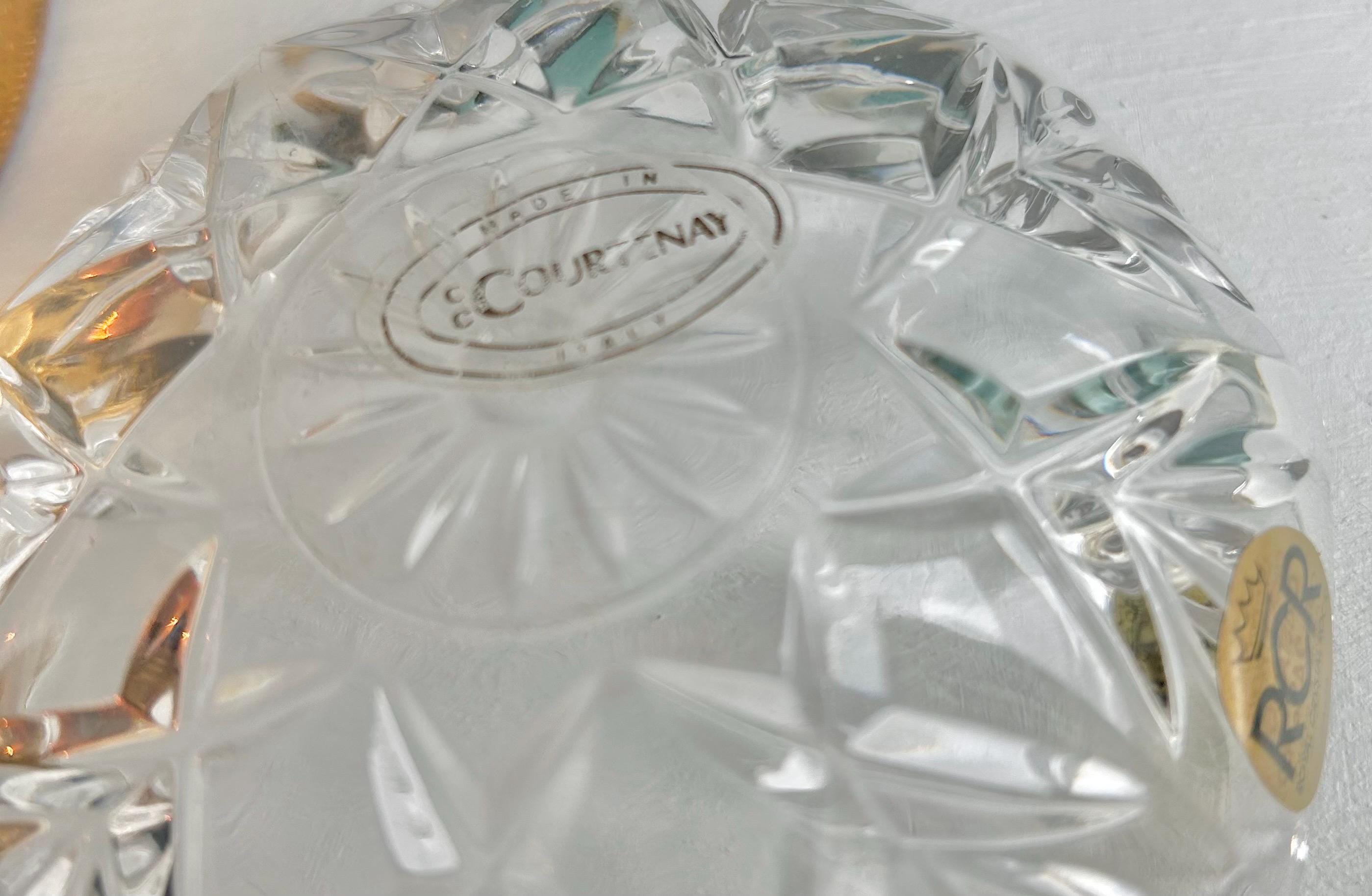 Vintage Italian Cut Crystal Trinket Dish: Gilt Floral Handle