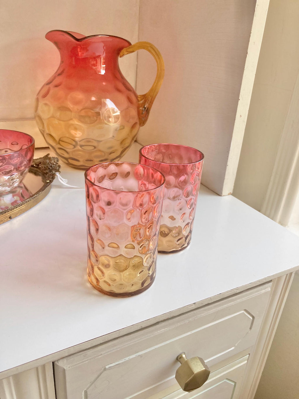 Antique Amberina Glass Pitcher Set: Victorian Reverse Thumbprint Hobbs Brockunier