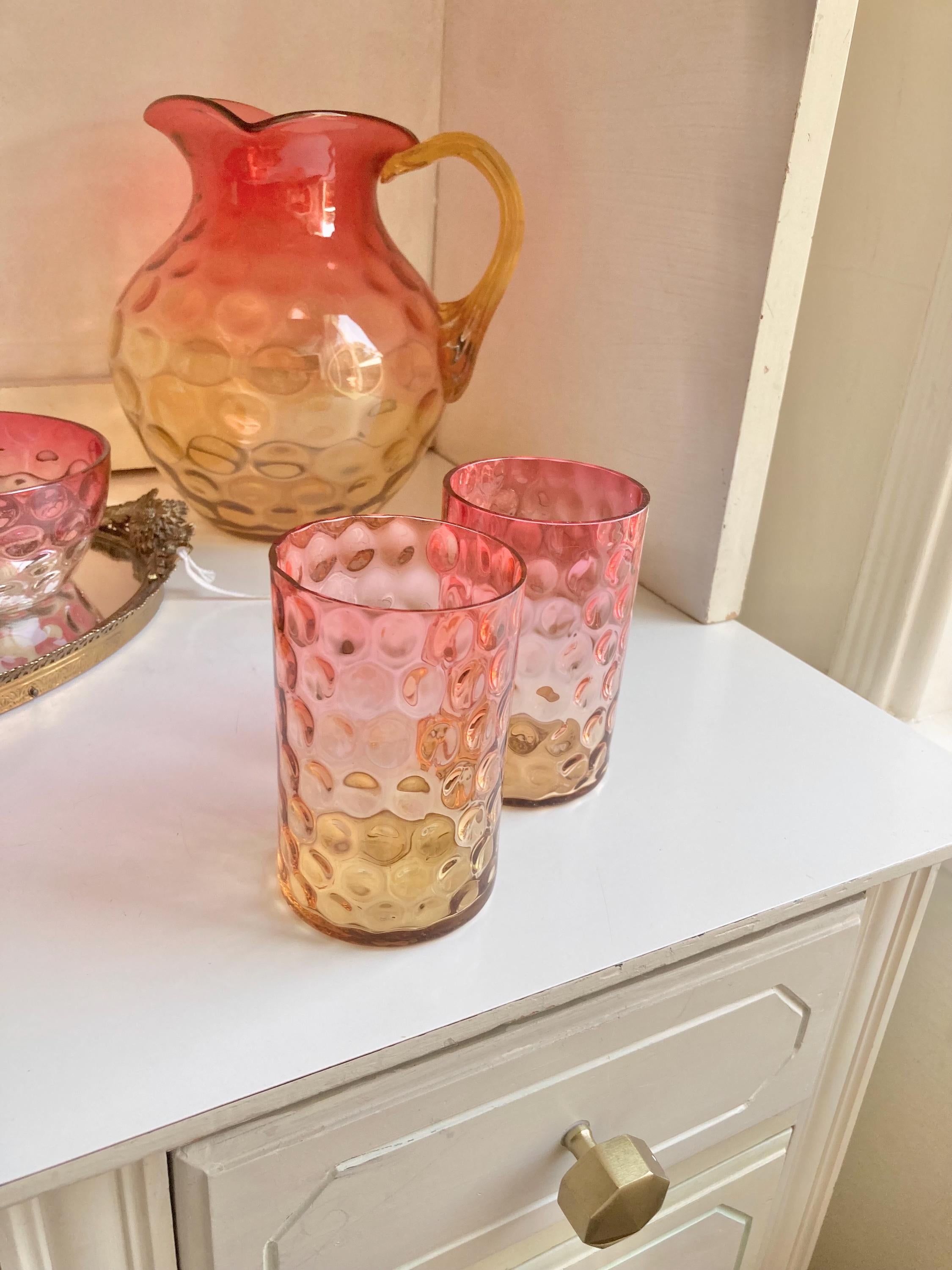 Antique Amberina Glass Pitcher Set: Victorian Reverse Thumbprint Hobbs Brockunier