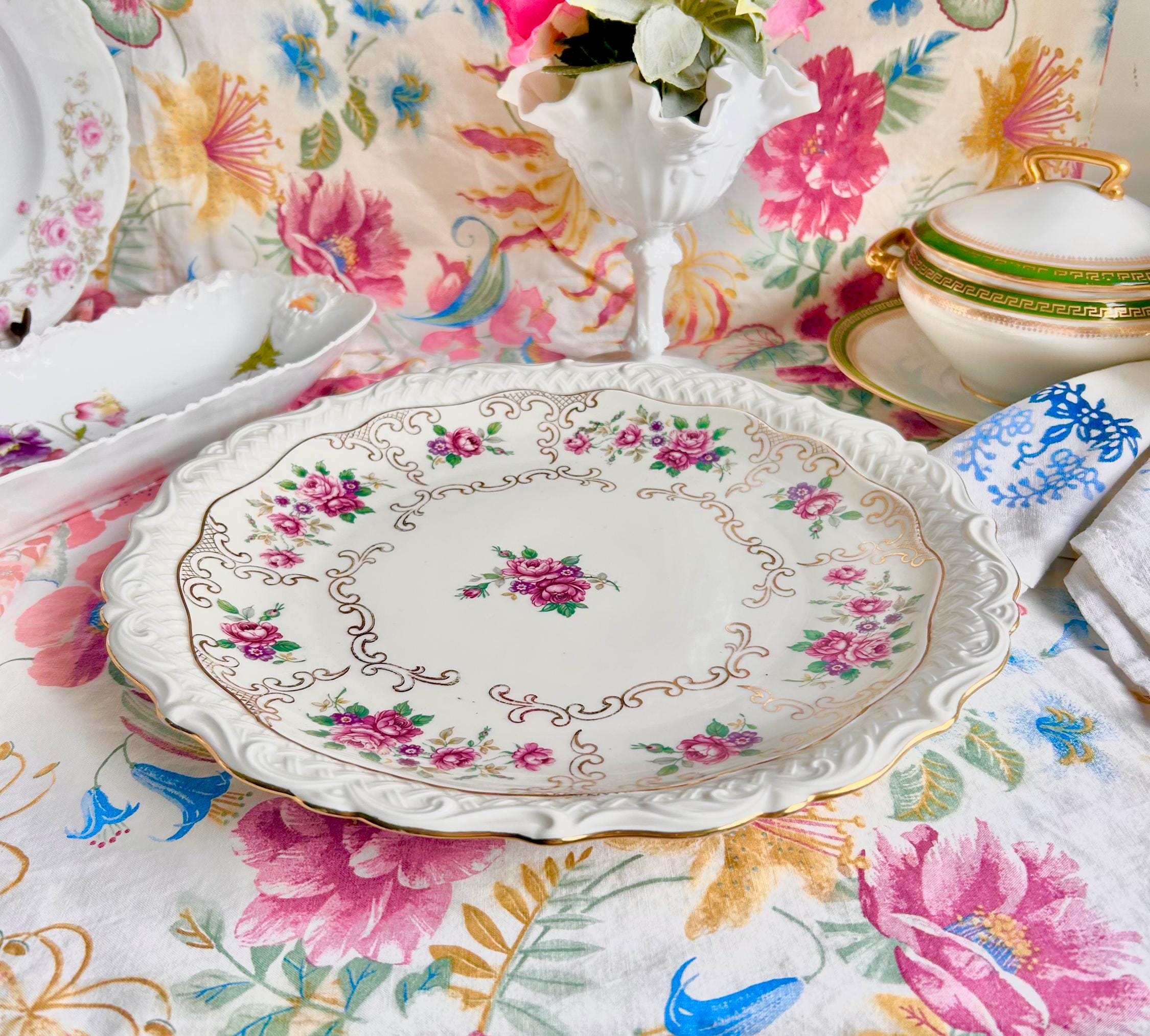Vintage Bavaria Porcelain Platter: 12" Floral Basketweave Gold Trim