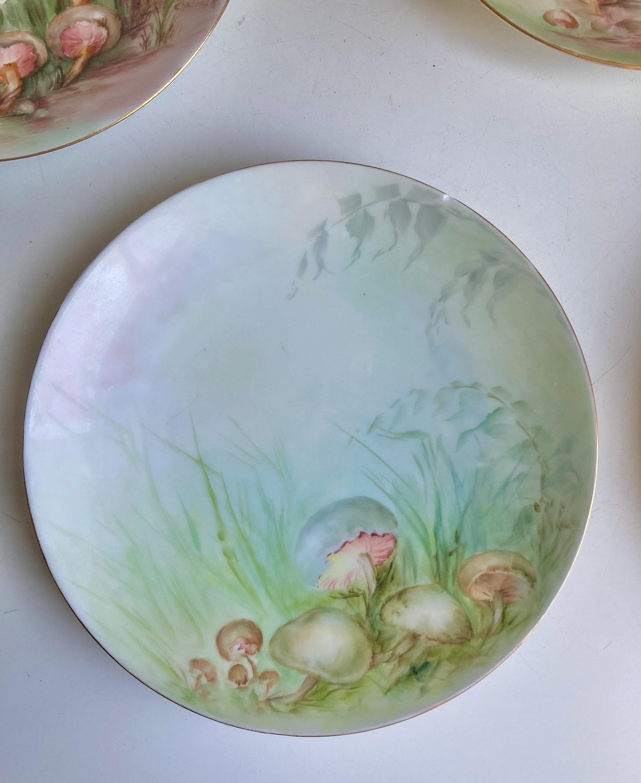 Antique Hand Painted Mushroom Plate: Gold Trim Dessert Plate, 7"