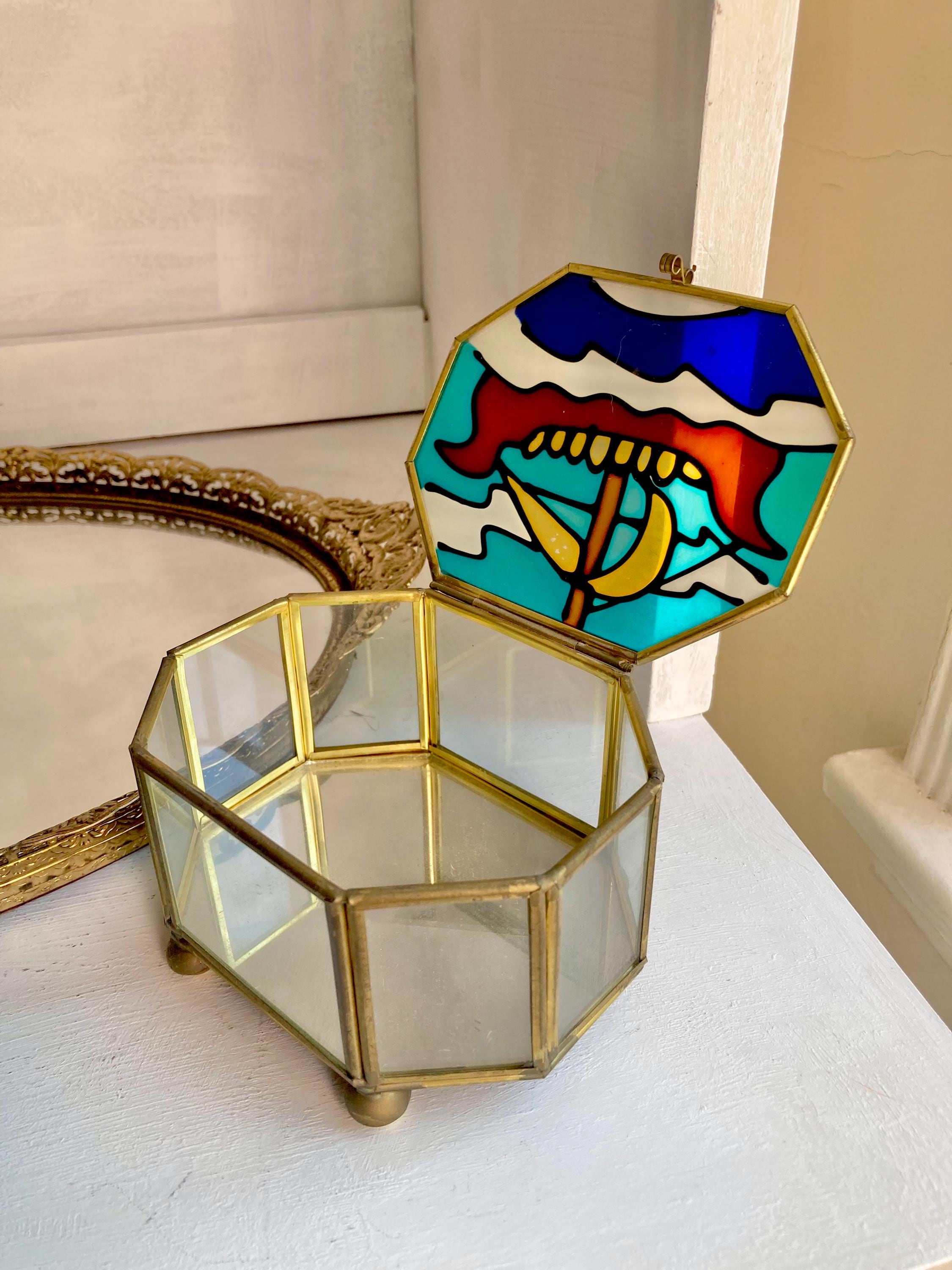 Vintage Nautical Stained Glass and Brass Jewelry Box
