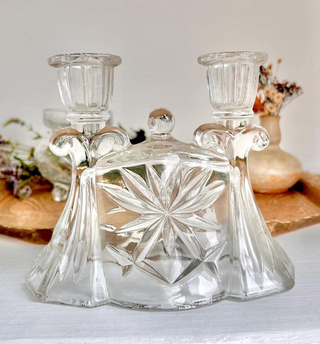 Vintage Anchor Hocking Prescut Double Candlestick Holder - Heavy Pressed Cut Clear Glass Candelabra