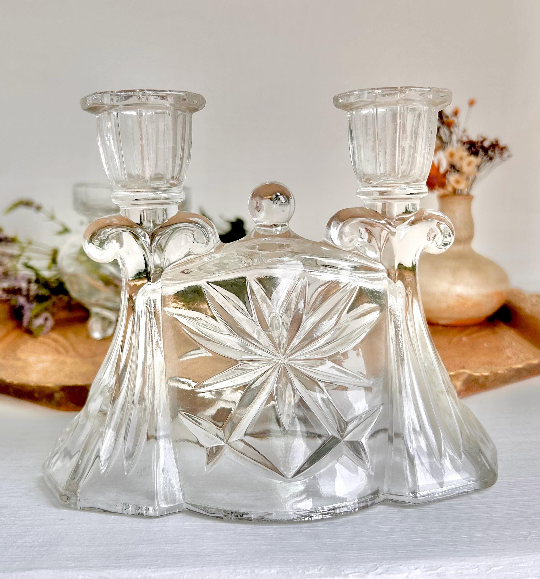 Vintage Anchor Hocking Prescut Double Candlestick Holder - Heavy Pressed Cut Clear Glass Candelabra