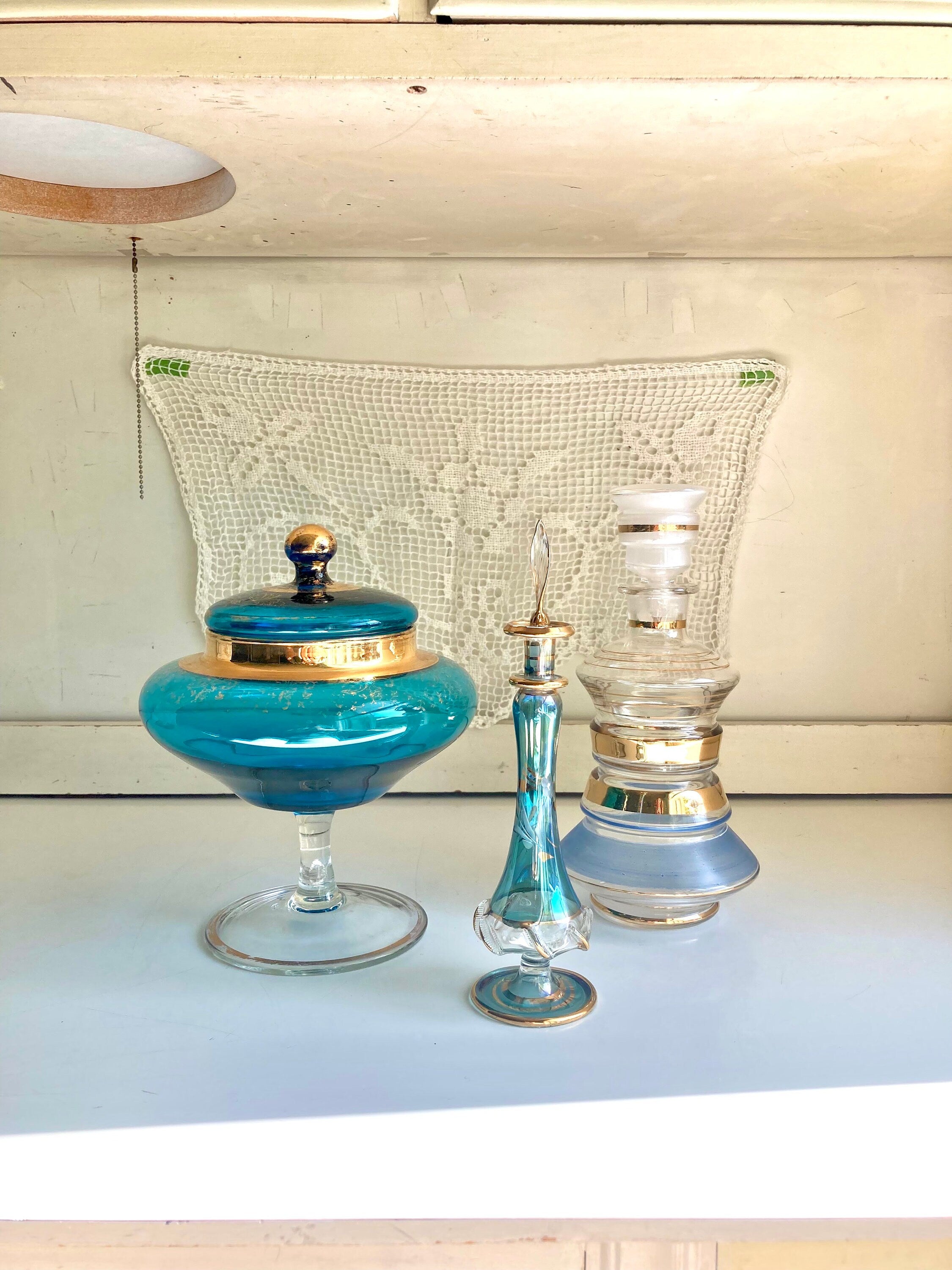 Vintage Blown Glass Vessels – Blue Hues, Gold Trim Decor