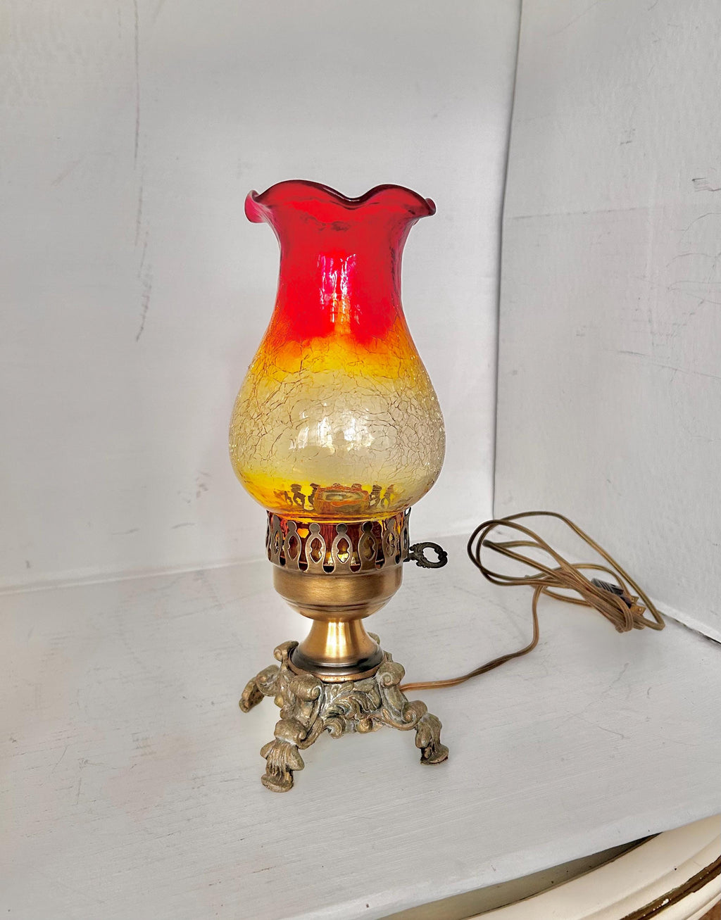Vintage Amberina Crackle Glass Electric Hurricane Lamp: Brass Base, Ruffled Shade