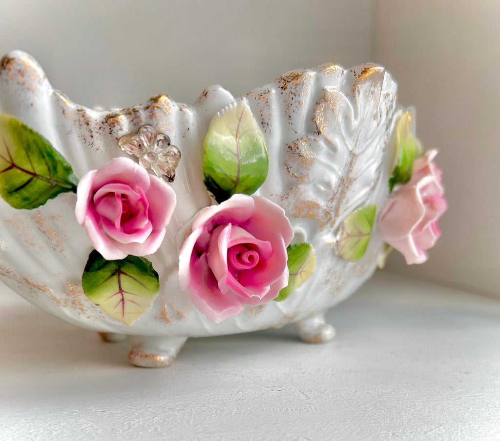 Vintage LEFTON Ceramic Footed Bowl: Pink Roses, Rhinestone Butterflies