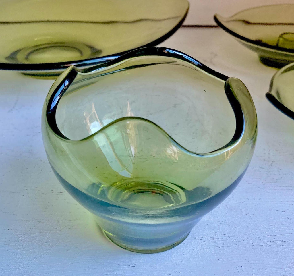 Vintage Viking Green Glass Epic Pattern: CHOOSE from various options, candleholder pair, bowls, dish