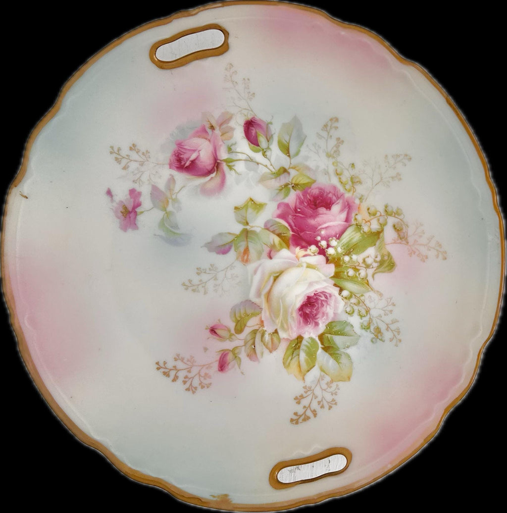 Vintage Round Porcelain Transferware Platter with Open Handles, Roses, Gold Trim