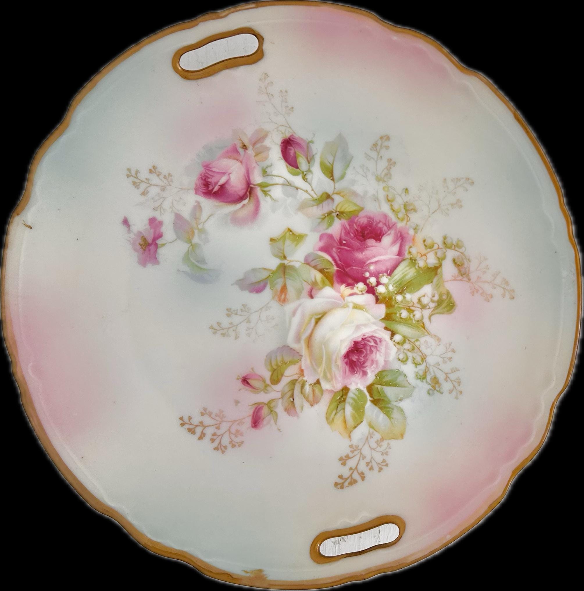 Vintage Round Porcelain Transferware Platter with Open Handles, Roses, Gold Trim