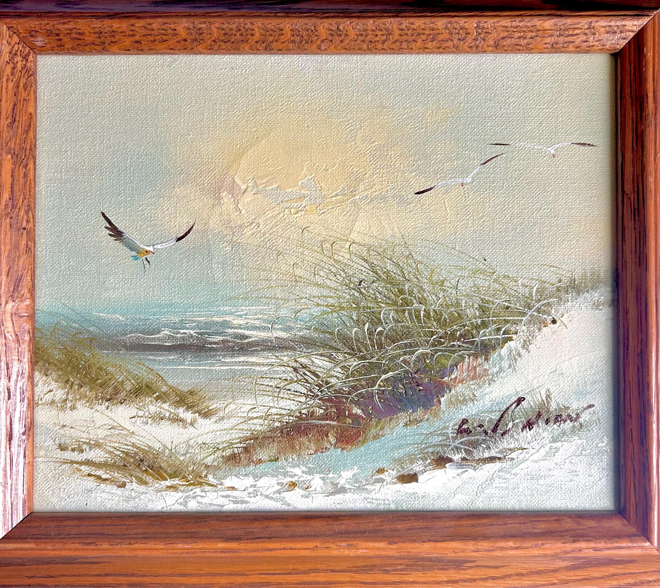 Vintage Seaside Painting - Original Signed Beach Scene in Oak Frame