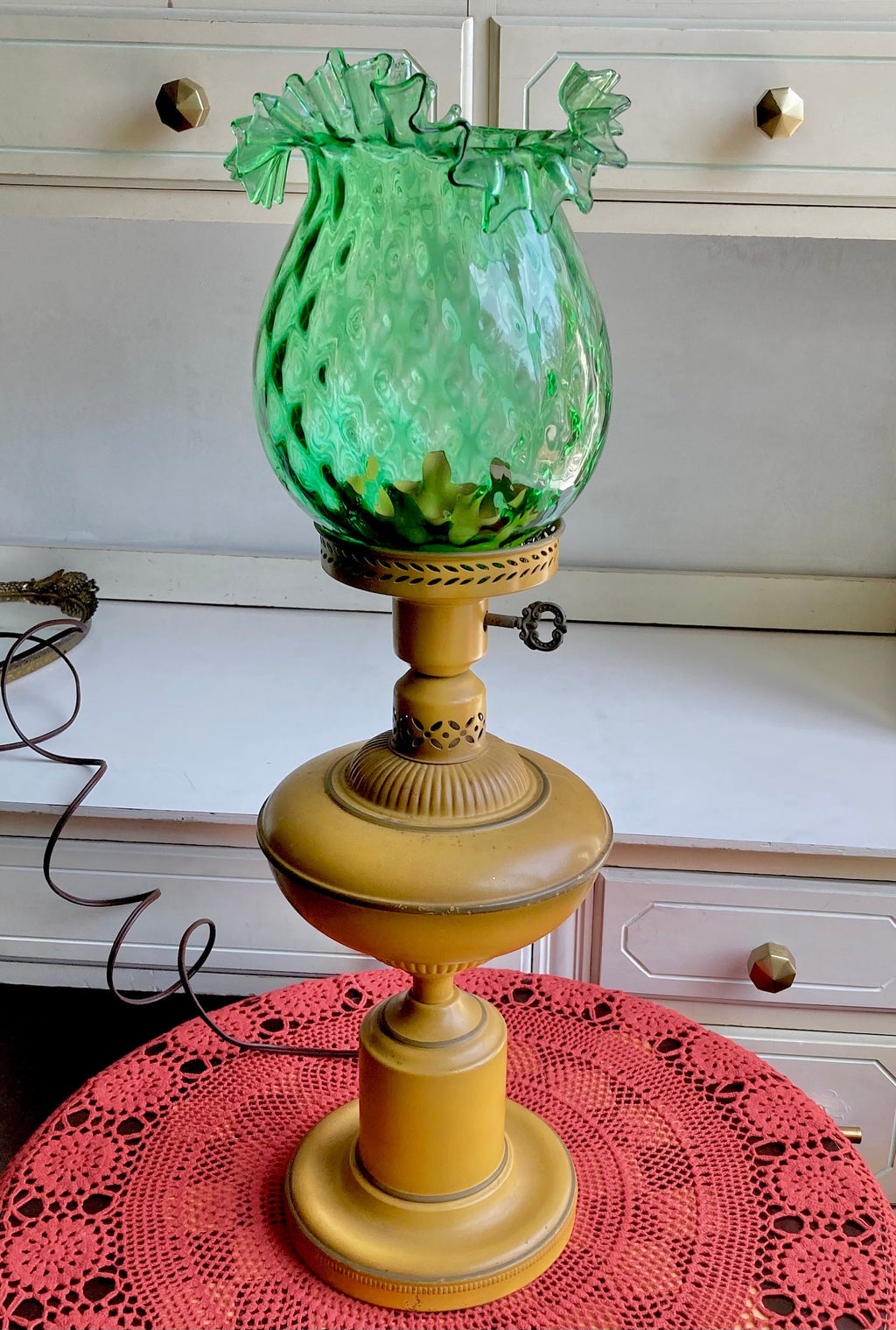 Vintage Hurricane Lamp - Dark yellow metal base, Optic Green Blown Glass Crimped Shade
