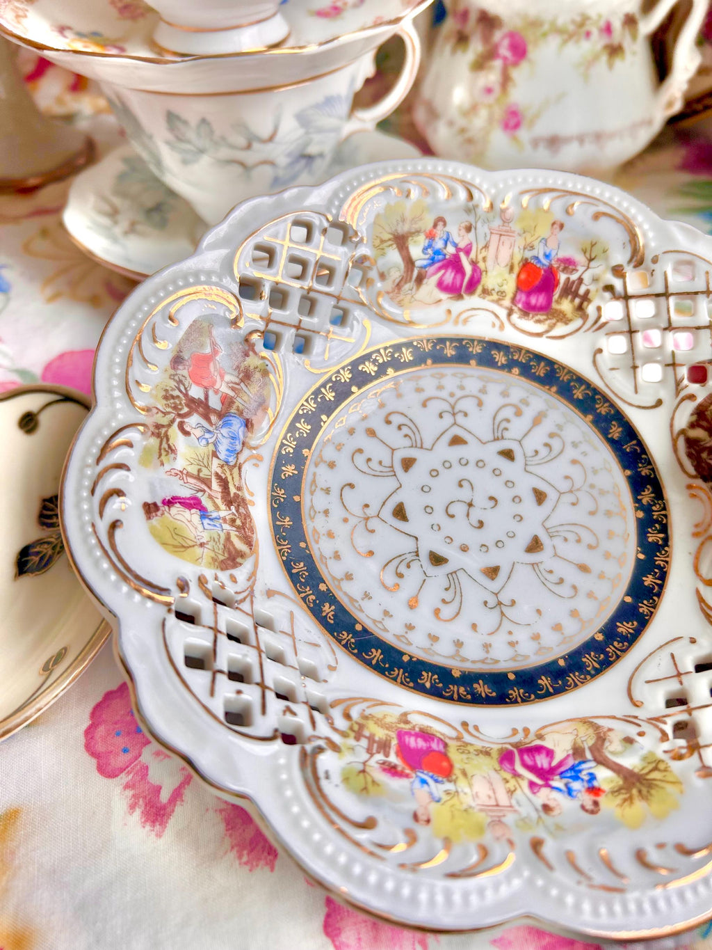 Vintage Perforated Bowl: Victorian Leisure Scenes, Gold Trim, Scalloped Rim