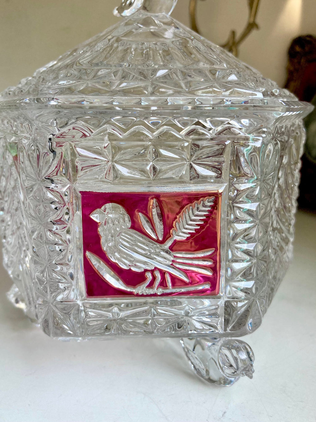 Hofbauer Red Flashed Byrde Crystal Collection Lidded Candy Dish with Bird Feet and Handle