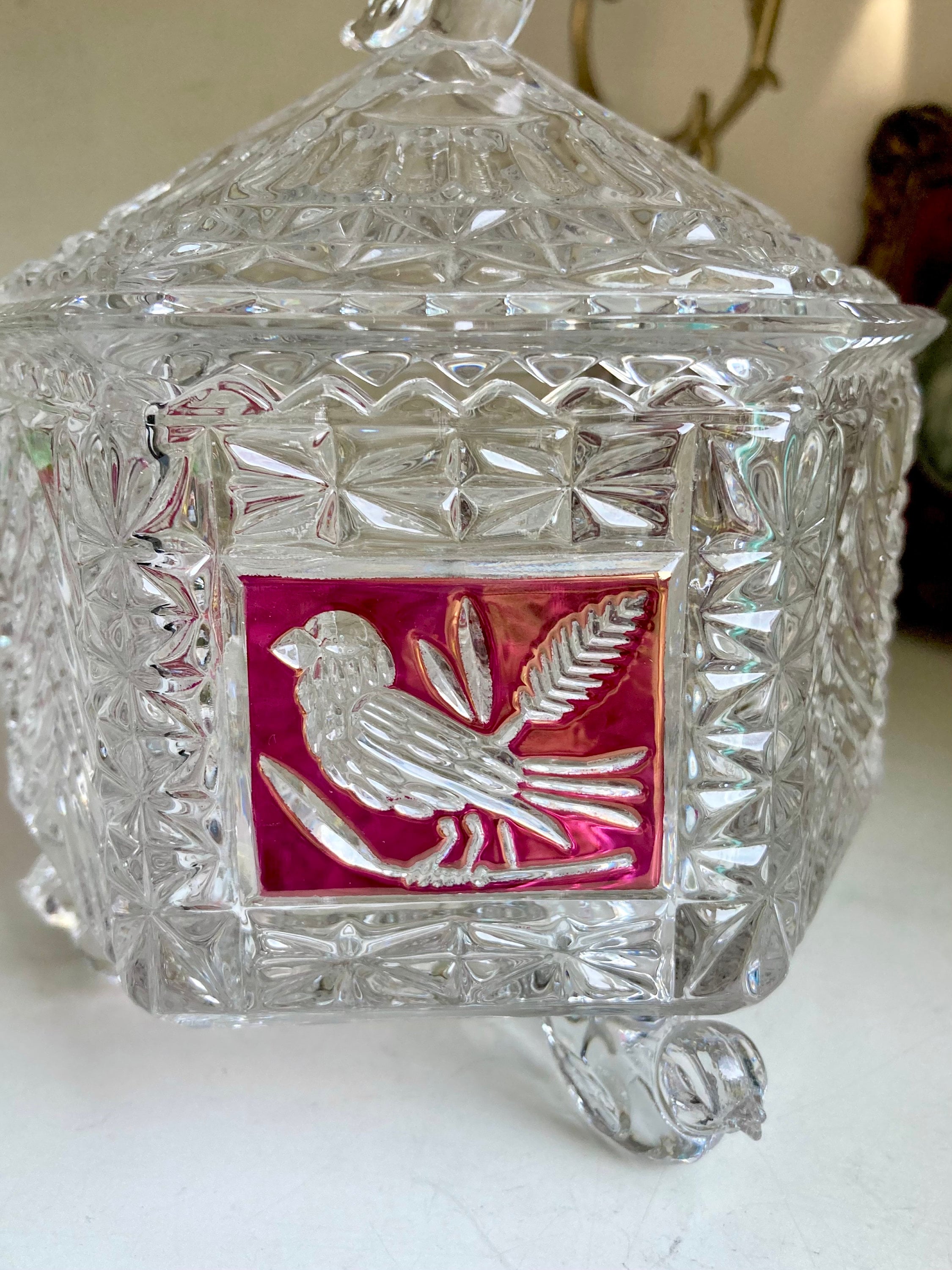 Hofbauer Red Flashed Byrde Crystal Collection Lidded Candy Dish with Bird Feet and Handle