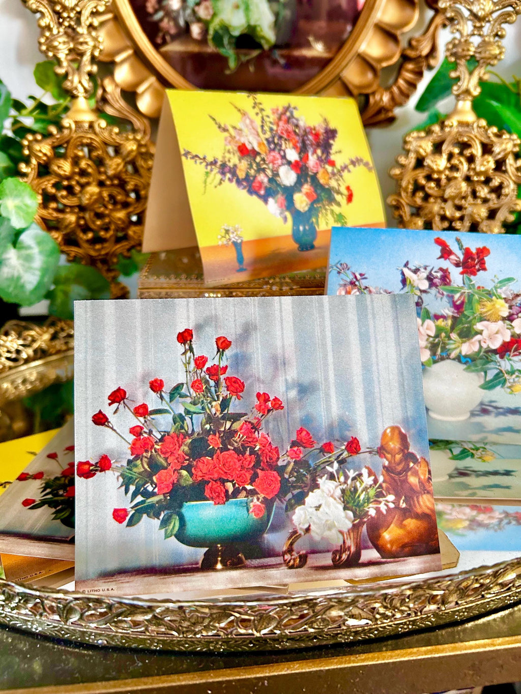 MCM 1950s Floral Blank Notecards, Litho USA, Printed in Milwaukee, Set of Nine