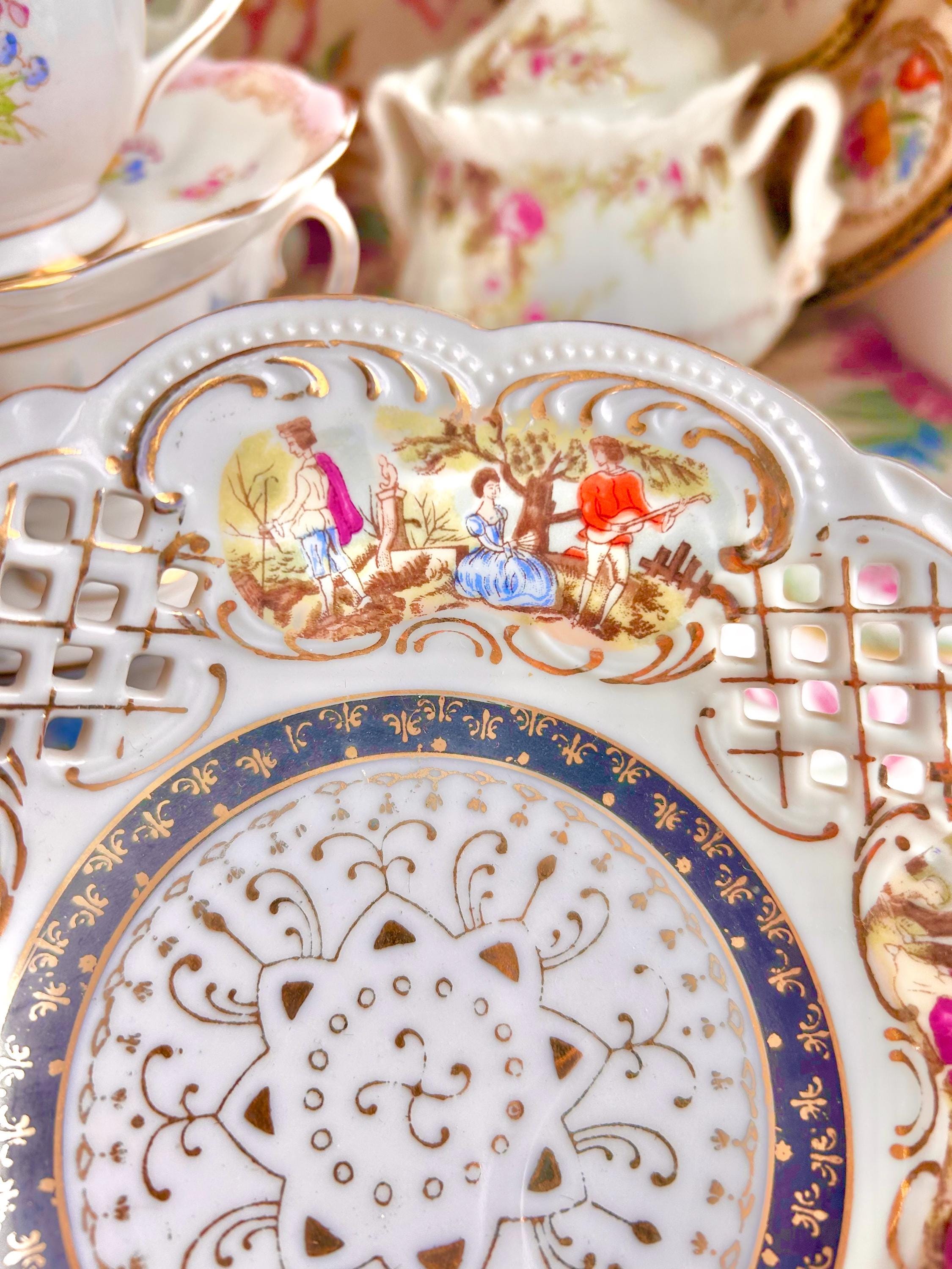 Vintage Perforated Bowl: Victorian Leisure Scenes, Gold Trim, Scalloped Rim