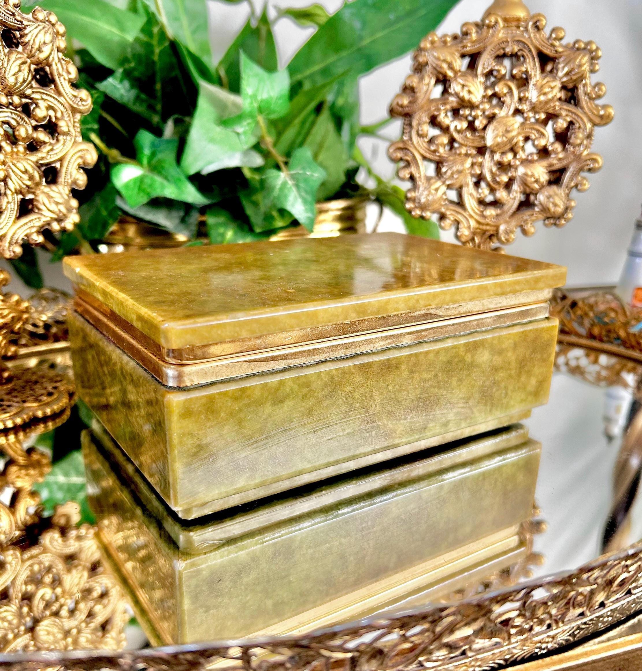 Vintage Olive Green Alabaster Hinged Jewelry Box with gold Tone Trim, Footed