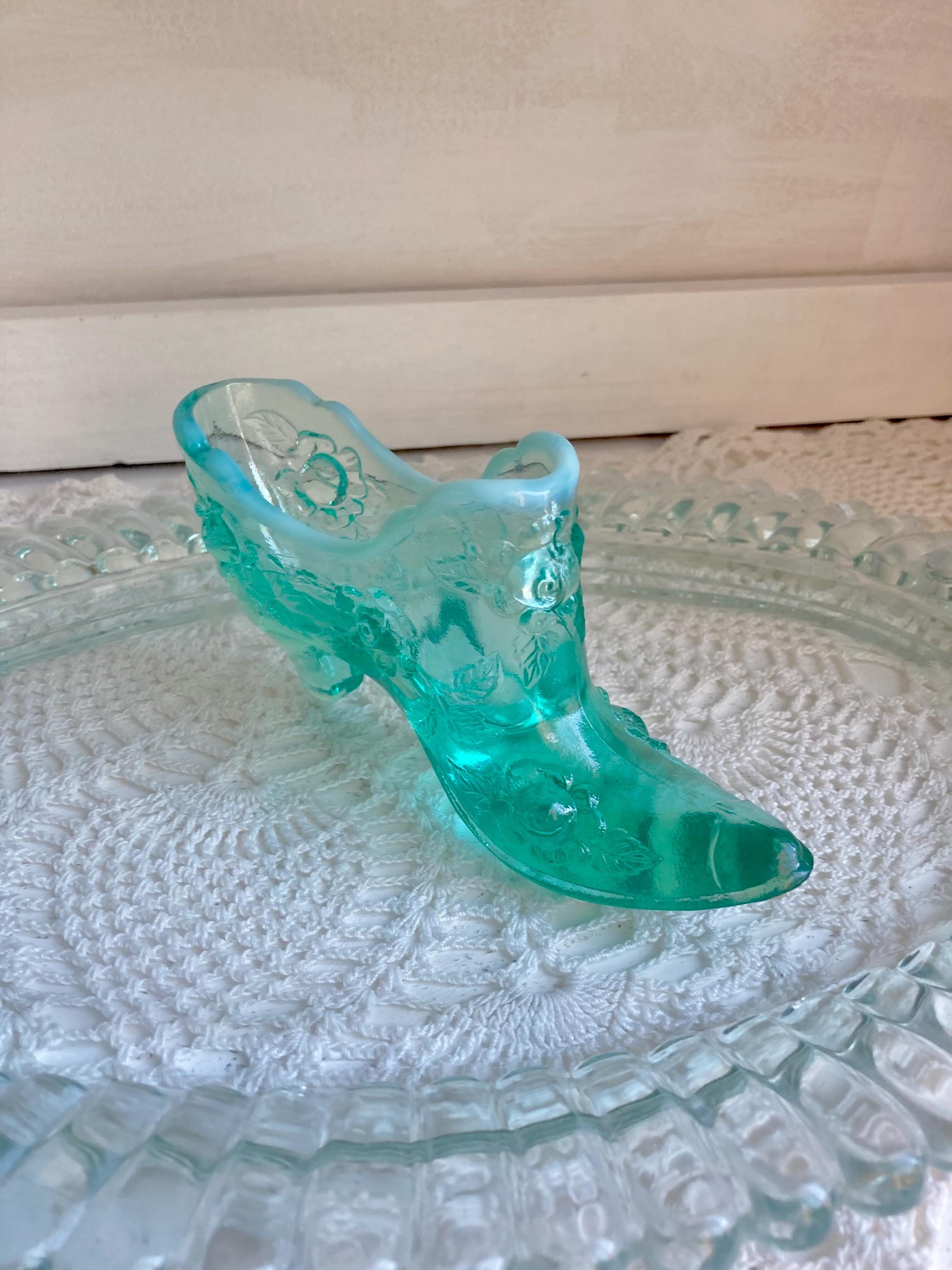 Vintage Aqua Blue Glass Ruffled Tray