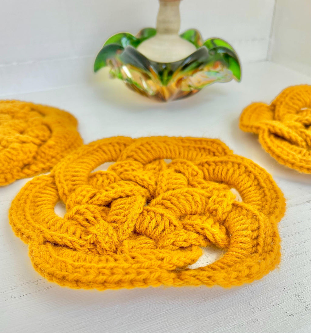 Vintage Crocheted Trivets: Mustard Yellow Braided Coasters, Set of 3