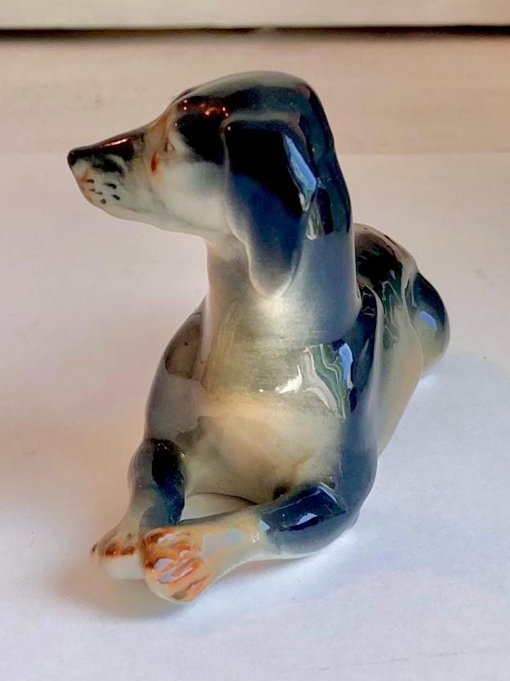 Vintage German-made Ceramic Dog Figurine - Hand painted Lifelike reclining Dacshund
