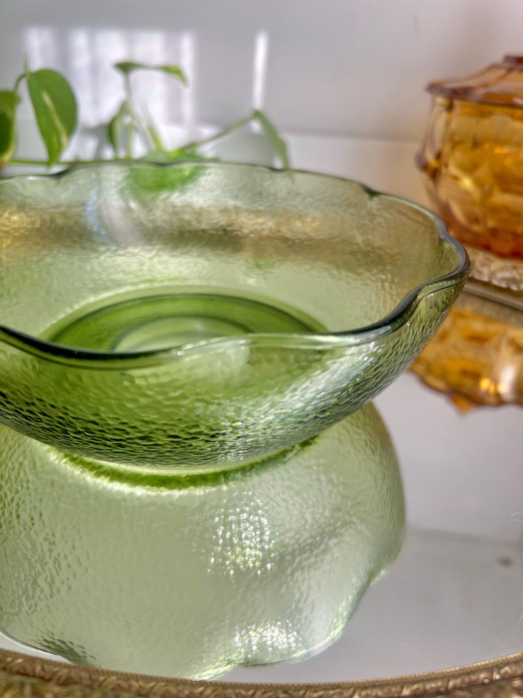 Vintage Hazel Atlas Green Glass Bowl: Pebblestone Ruffle Rim