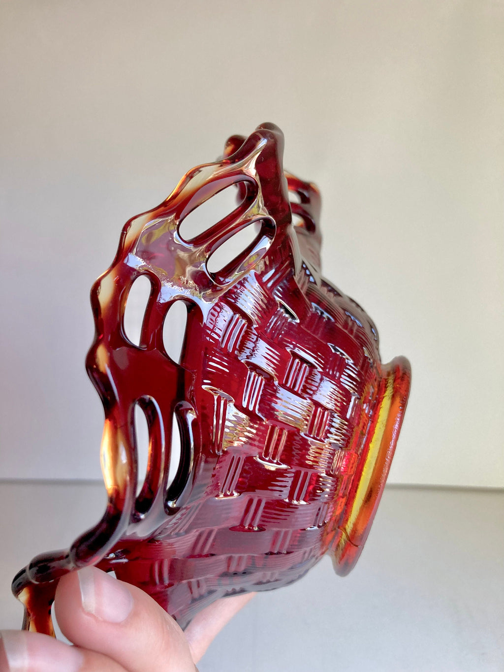 Vintage Fenton Amberina Glass Bowl: Basket Weave Lattice Rim, 6”