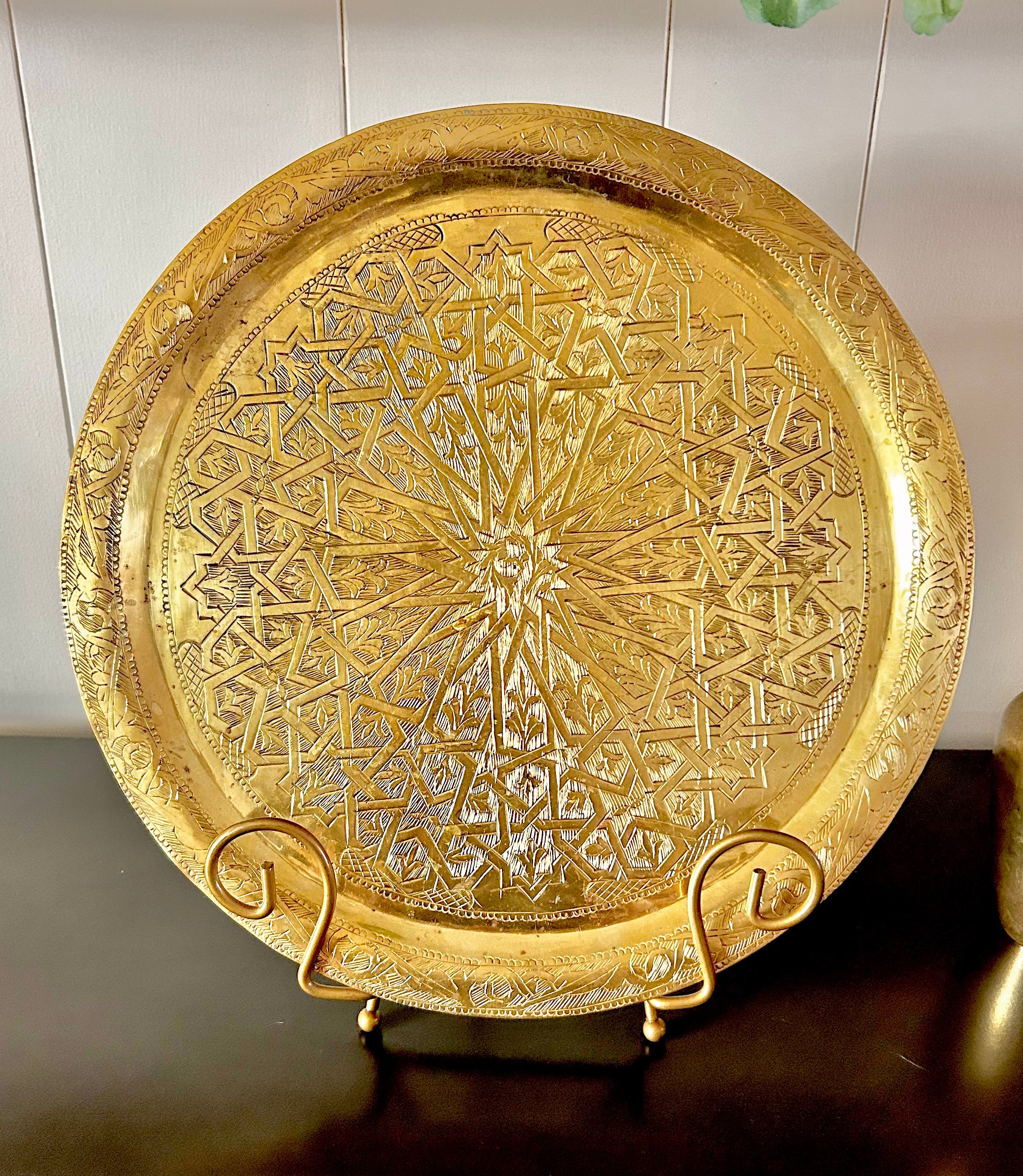 Vintage Solid Brass Round Tray with Moroccan Motif