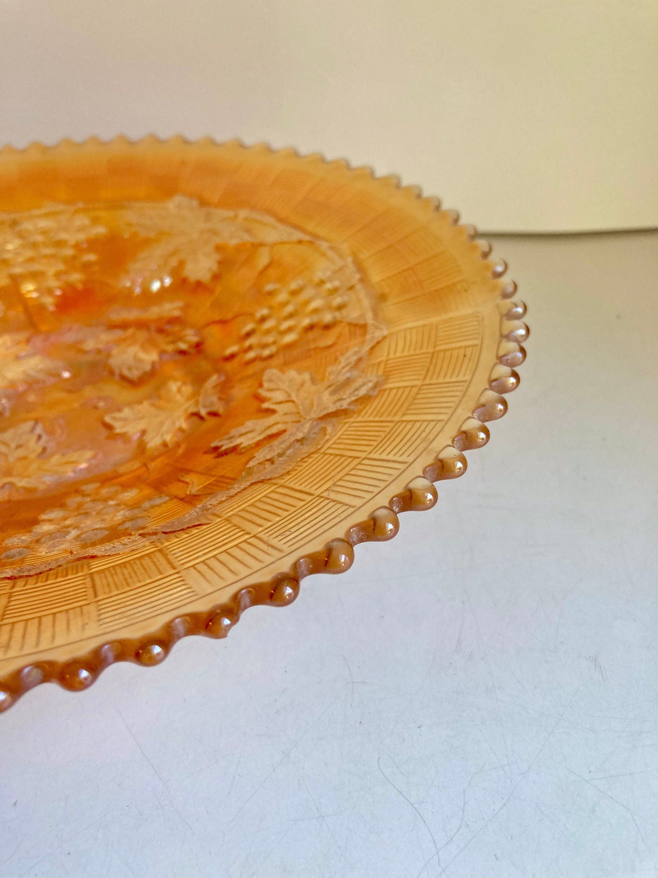 Antique Northwood Grape & Cable Basket weave Marigold Carnival Glass Plate with Sawtooth edge 9”