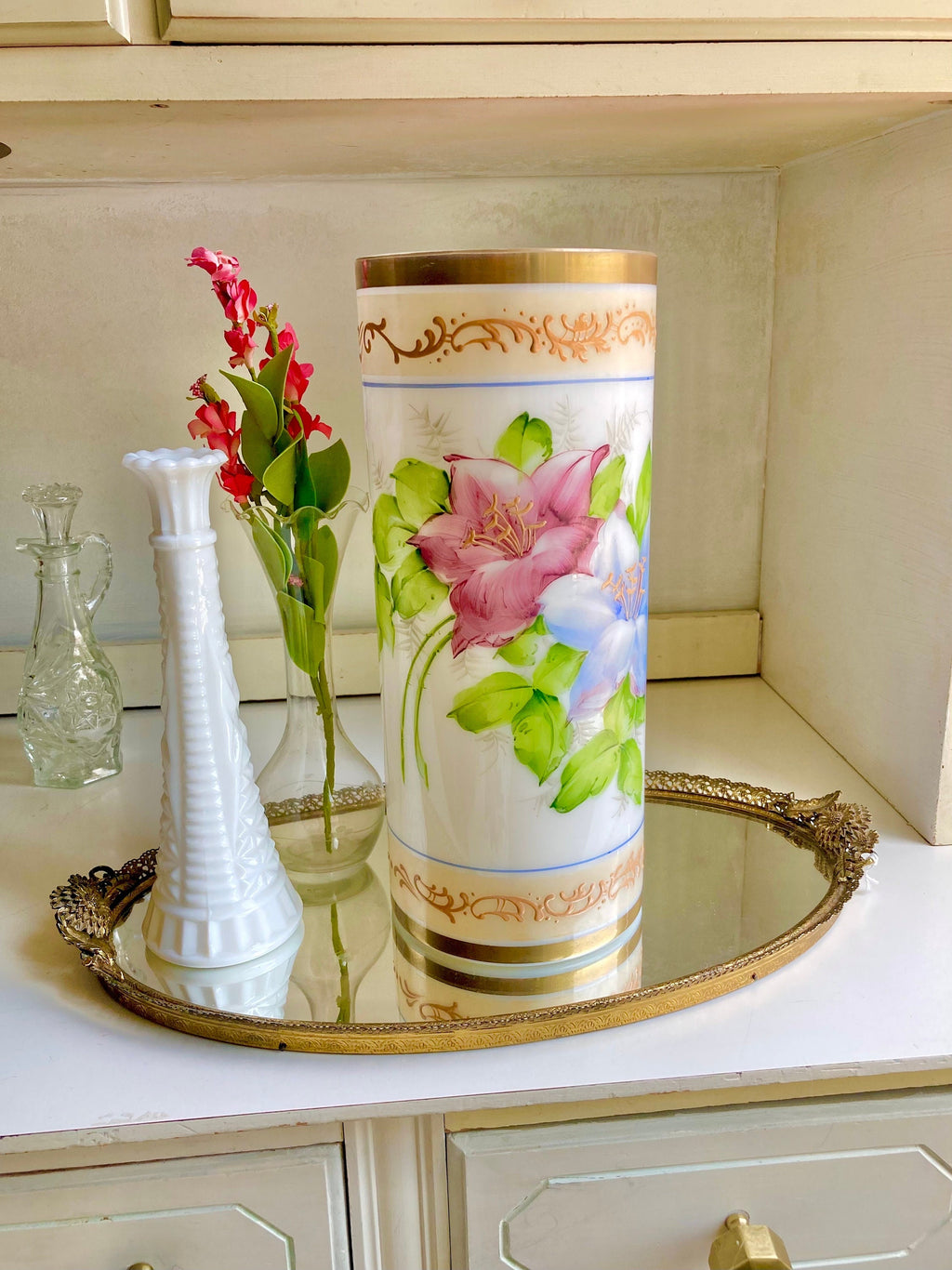 Vintage 1930s Milk Glass Vase – Deluxe Inc Floral Cylinder with Gilt