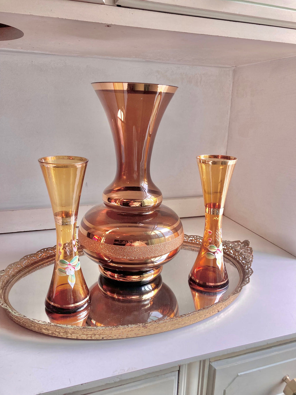 Vintage Bohemian Czech Amber and Brown Gilt Glass Vases - Choose from 2 styles