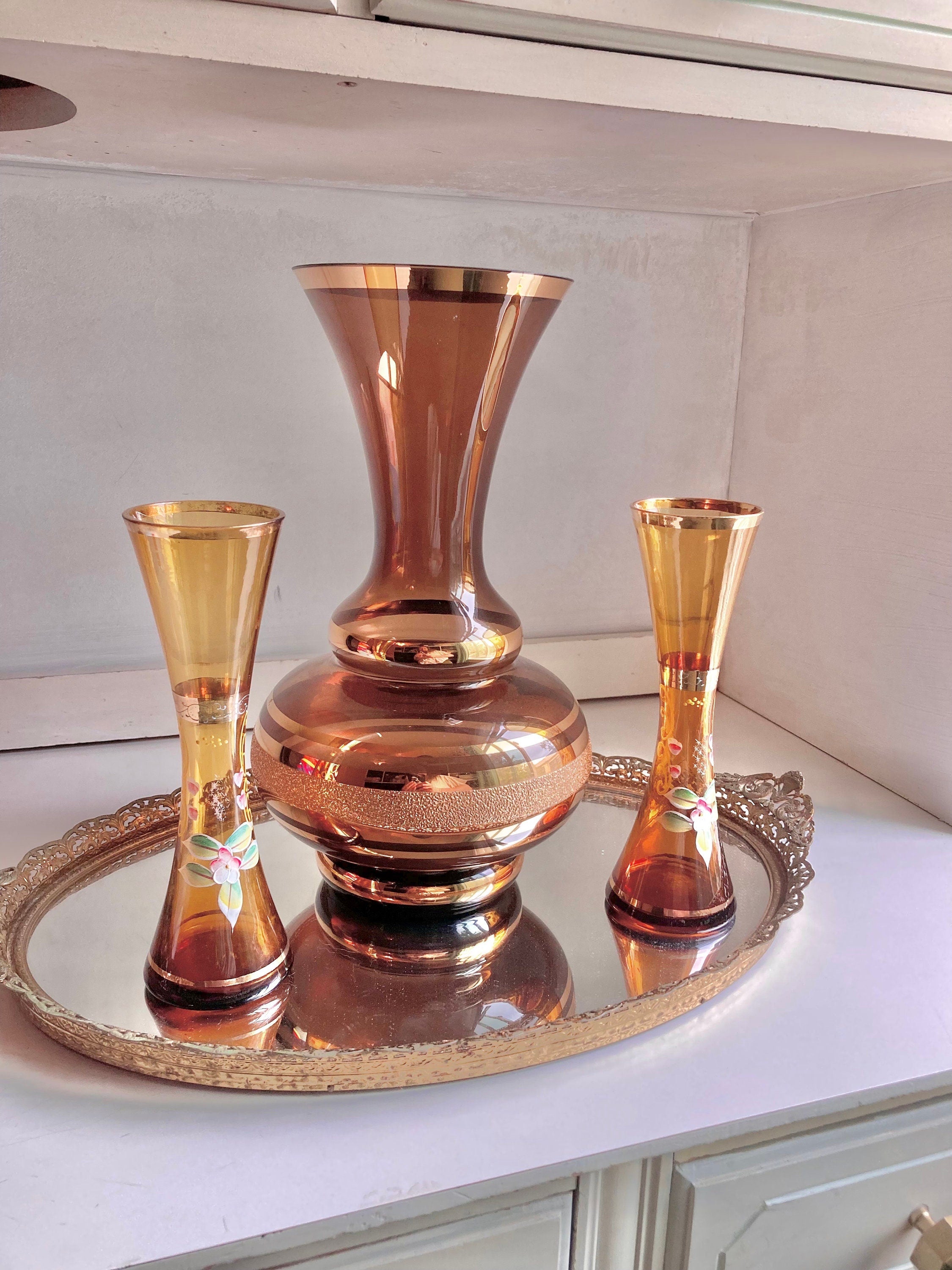 Vintage Bohemian Czech Amber and Brown Gilt Glass Vases - Choose from 2 styles