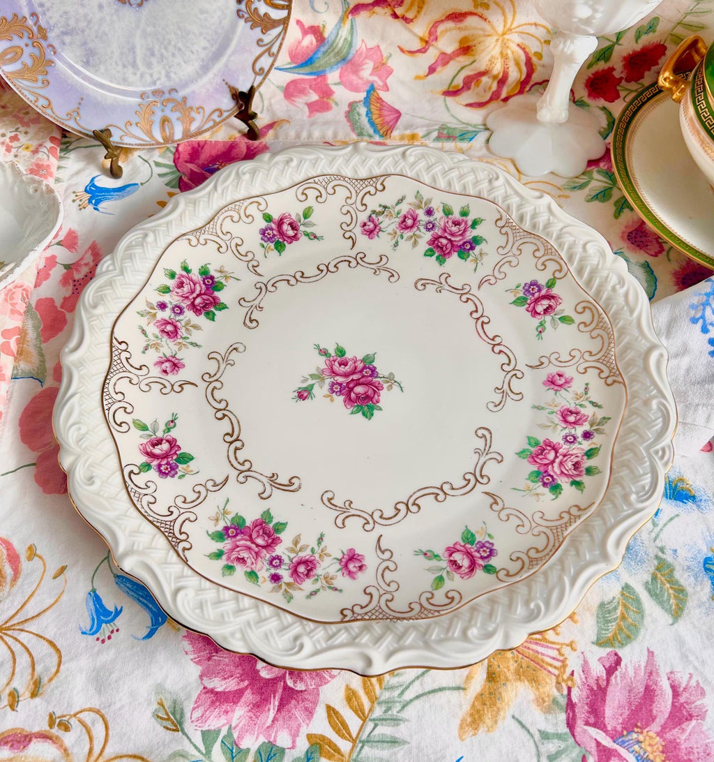 Vintage Bavaria Porcelain Platter: 12" Floral Basketweave Gold Trim