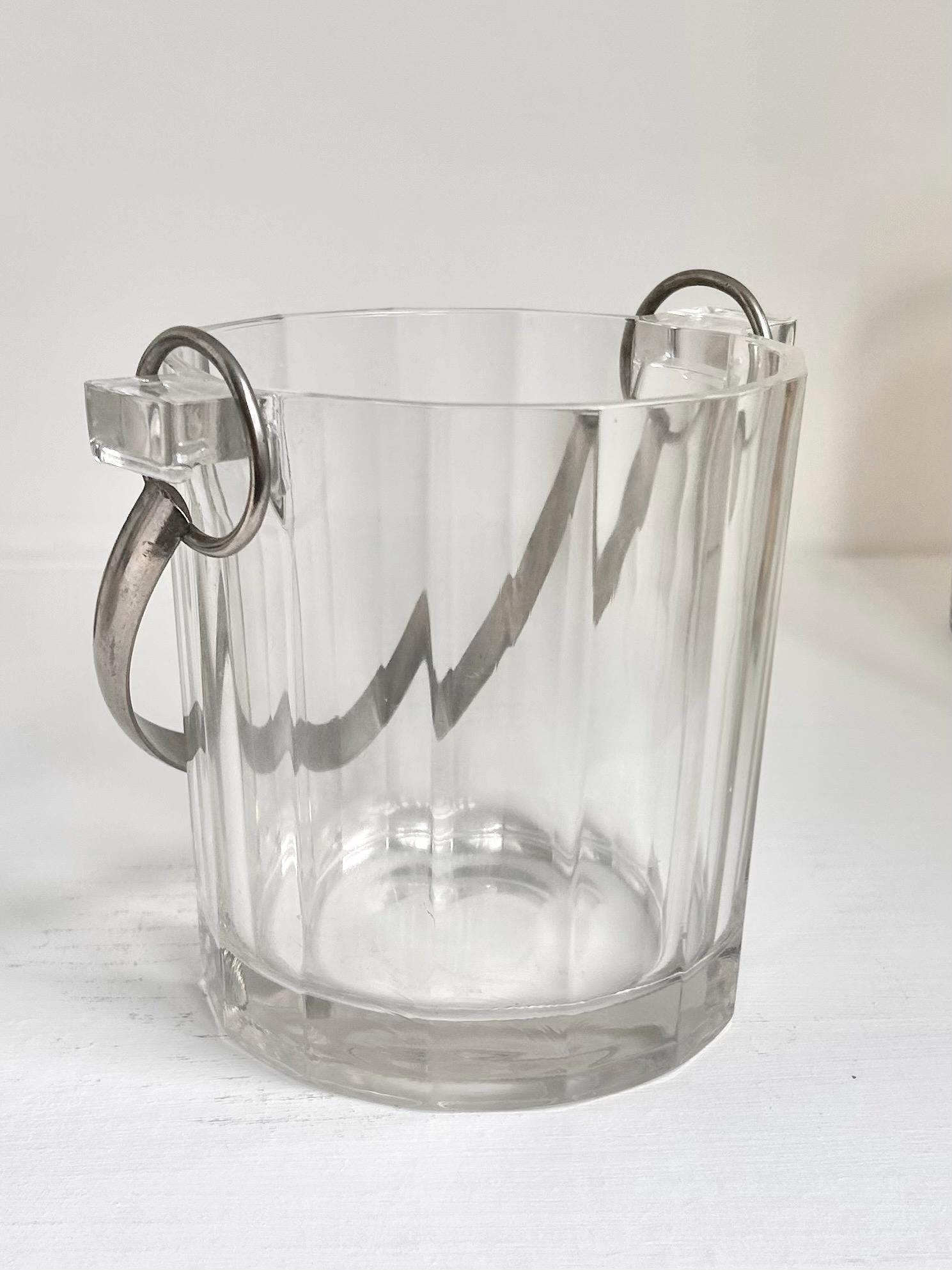 Vintage Paneled Glass Ice Bucket: Stainless Steel Handle Cocktail Serving Pail