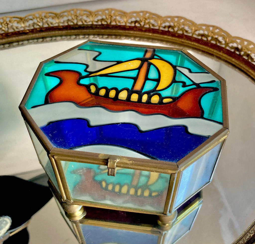 Vintage Nautical Stained Glass and Brass Jewelry Box