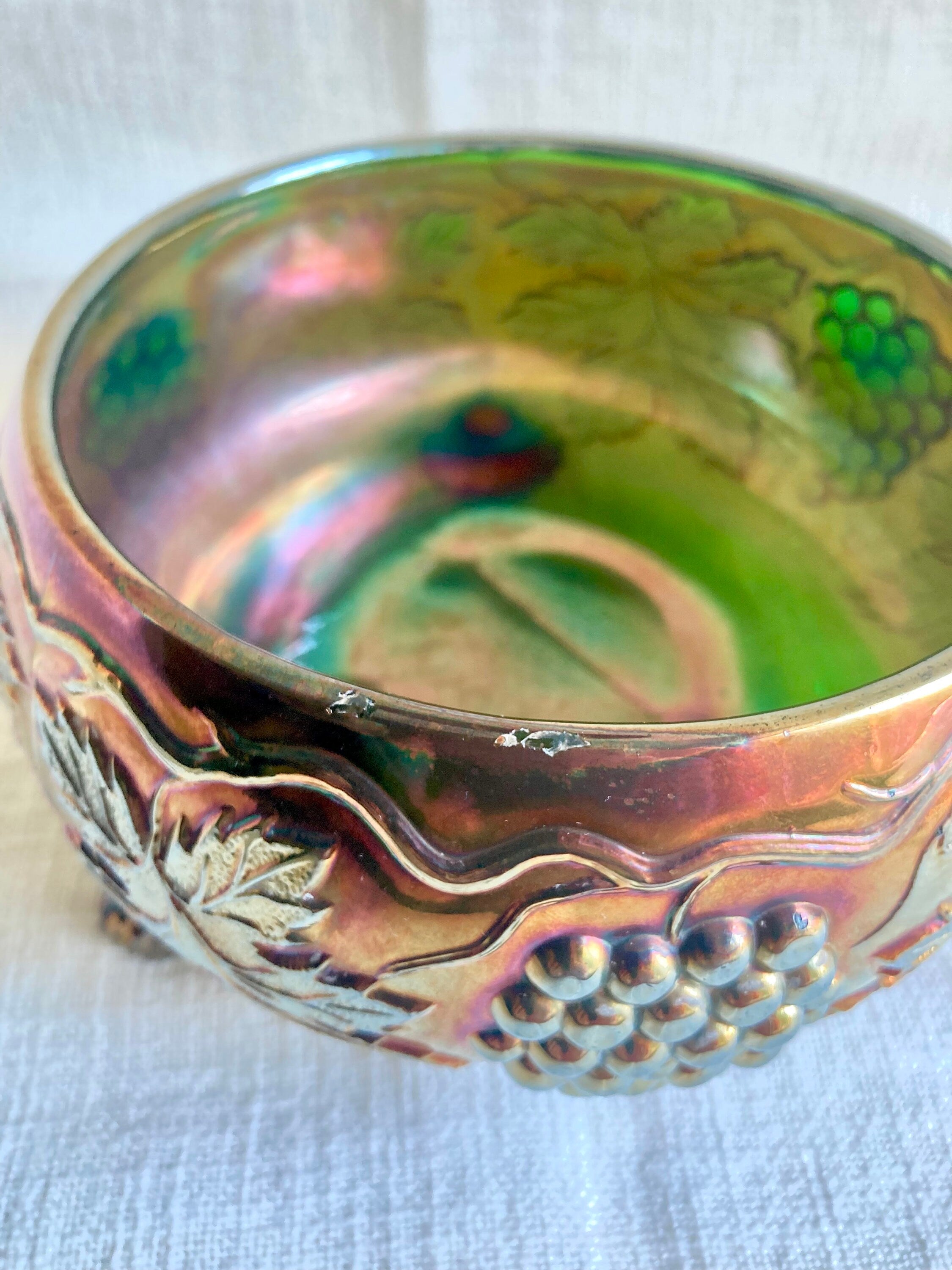 Vintage Fenton green Emerald Carnival Glass Three Footed Grape Vine Bowl - Fair Condition - a Beauty!