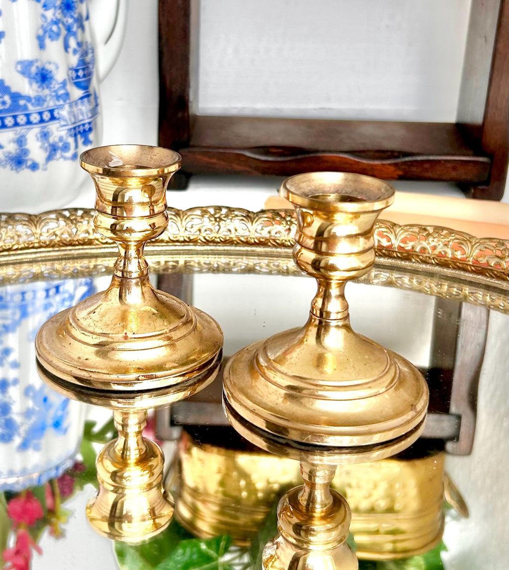 Vintage solid Brass Candlestick Pair - Two Handsome Classical Brass Taper Candle Holders