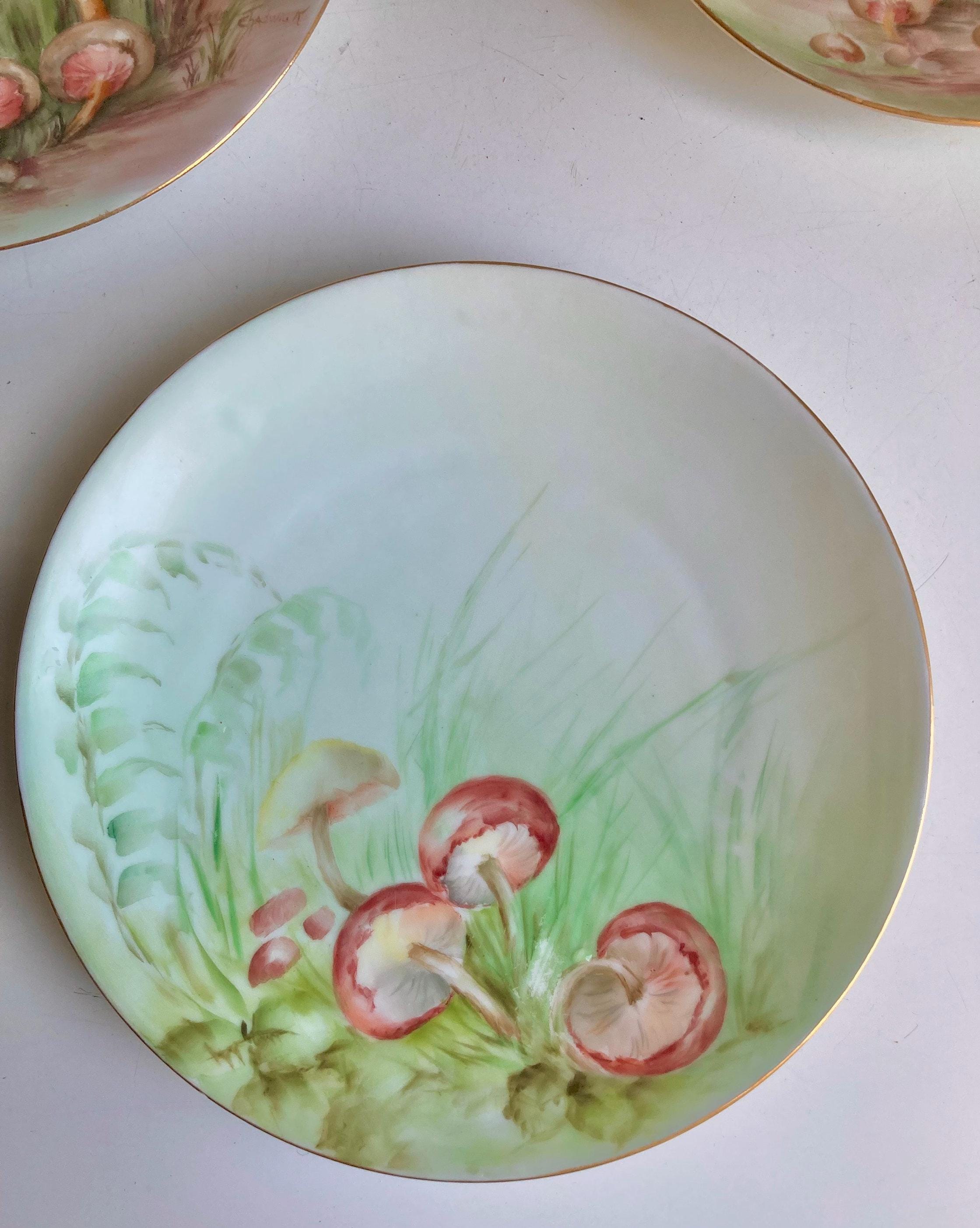 Antique Hand Painted Mushroom Plate: Gold Trim Dessert Plate, 7"