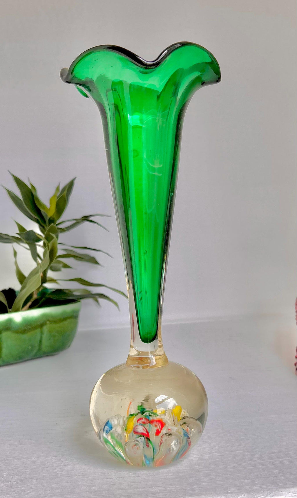 Vintage Kreis Art Glass Vase: Millefiori & Emerald Green Fluted Rim